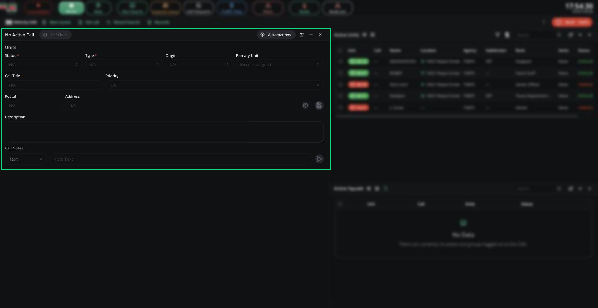 The call card on the Home tab with no active call, showing Self Clear, Automations, the call fields and Call Notes