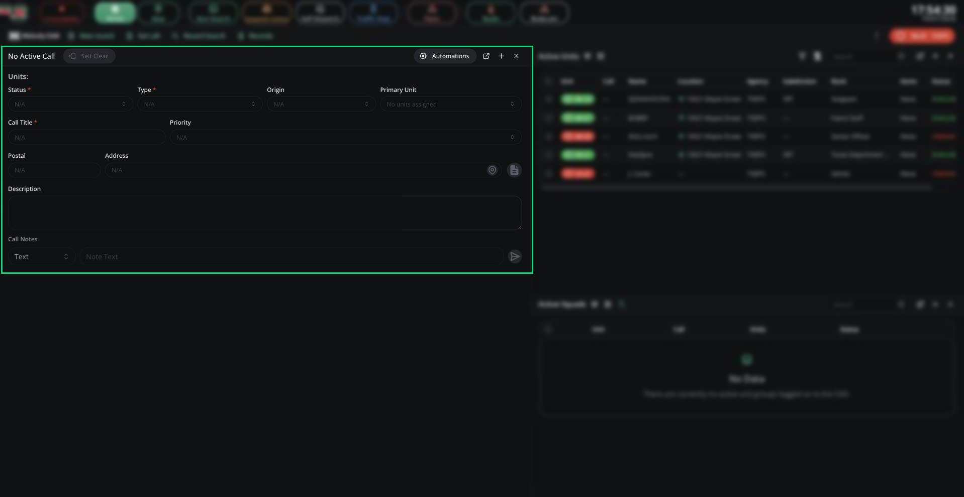 The call card on the Home tab with no active call, showing Self Clear, Automations, the call fields and Call Notes