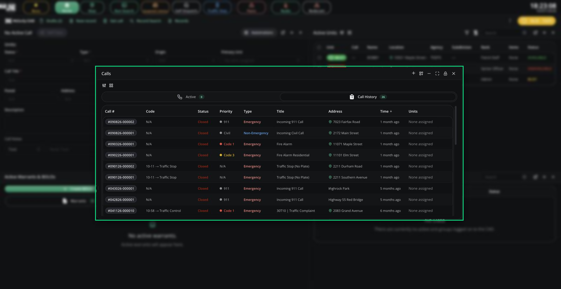 The Calls window on the Call History tab
