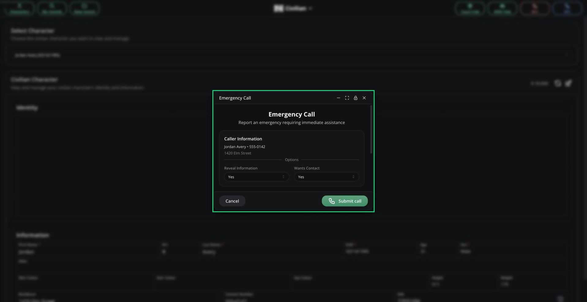 The Emergency Call window showing the caller's information and the Reveal Information and Wants Contact options