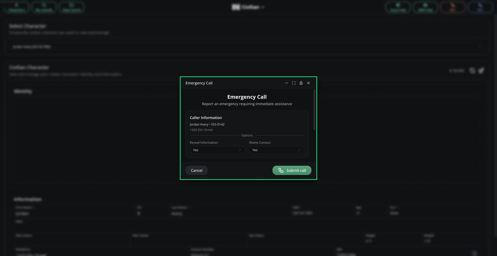 The Emergency Call window showing the caller's information and the Reveal Information and Wants Contact options