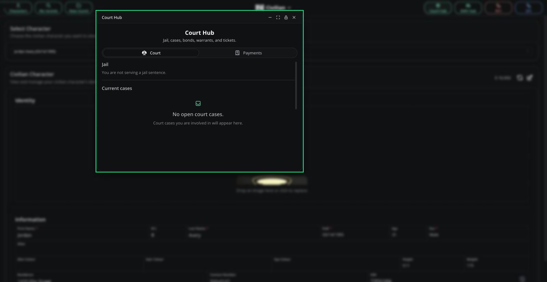 The Court Hub window on the Court tab, showing the Jail and Current cases sections, with the Payments tab next to it