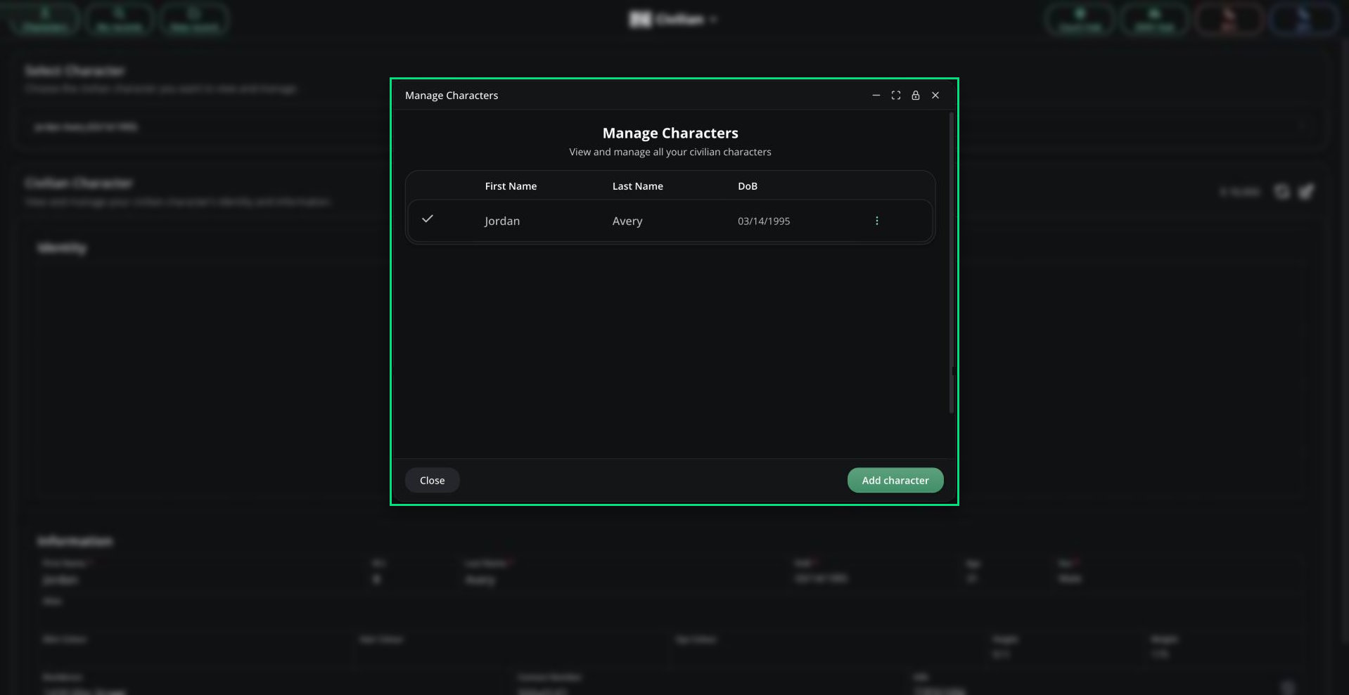 The Manage Characters window with the active character ticked, its ⋮ menu, and Add character