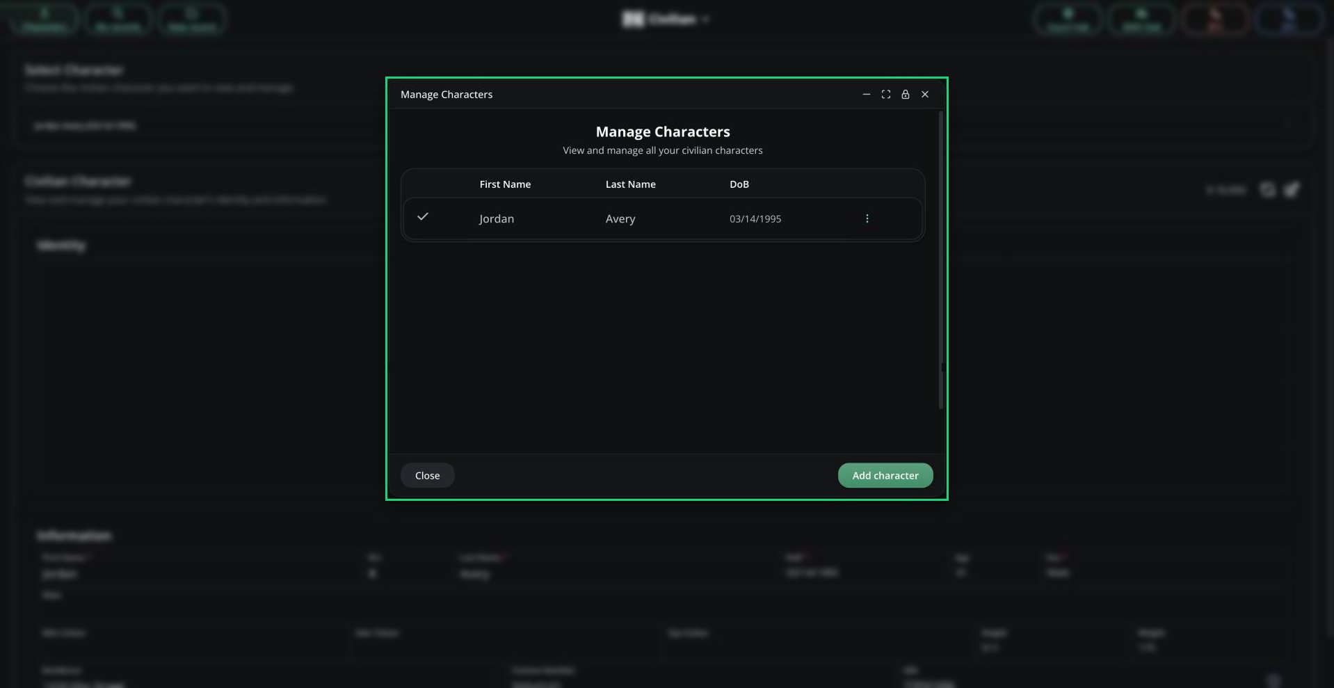The Manage Characters window with the active character ticked, its ⋮ menu, and Add character