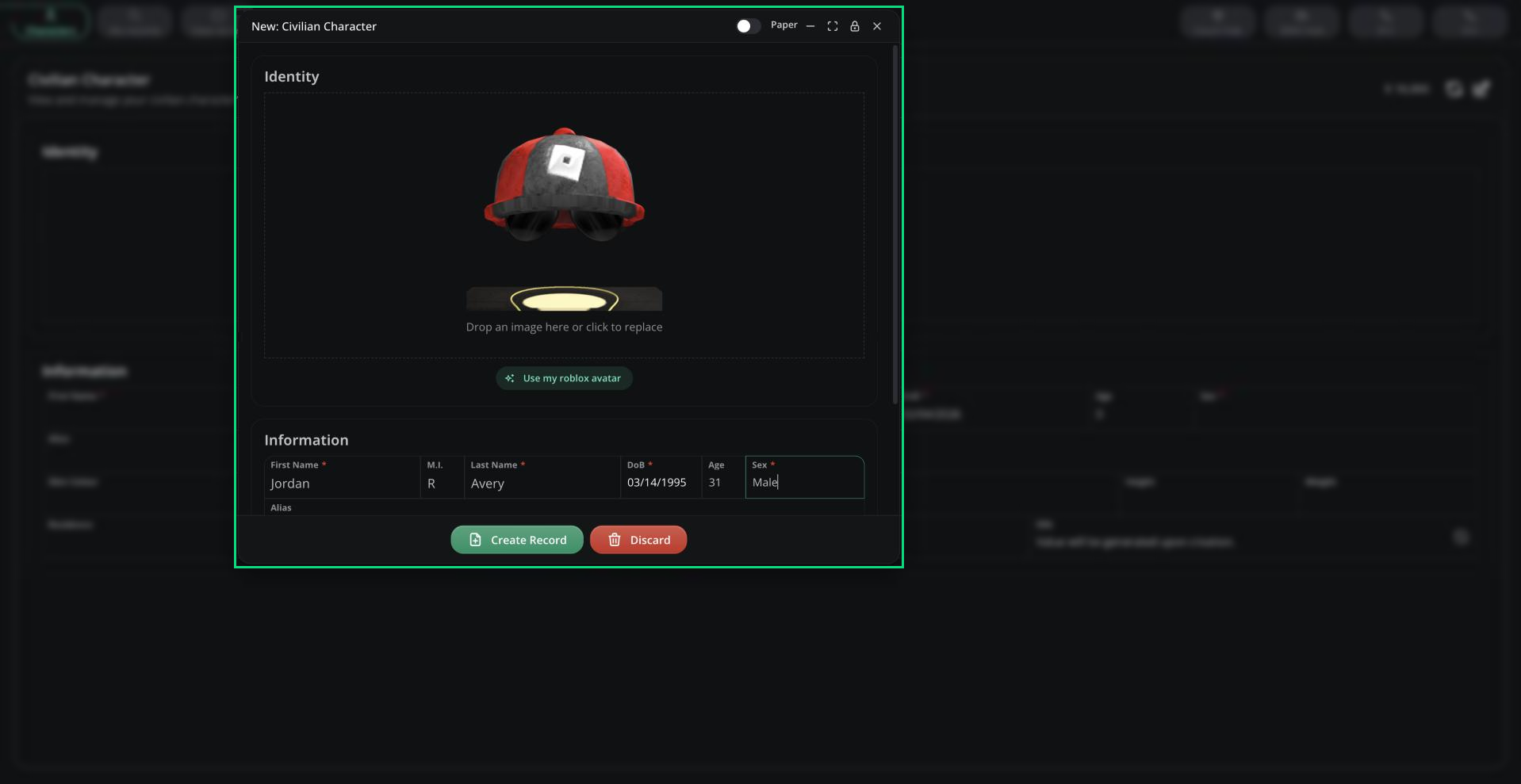The New: Civilian Character window with a photo, Use my roblox avatar, and the name, date of birth and sex fields