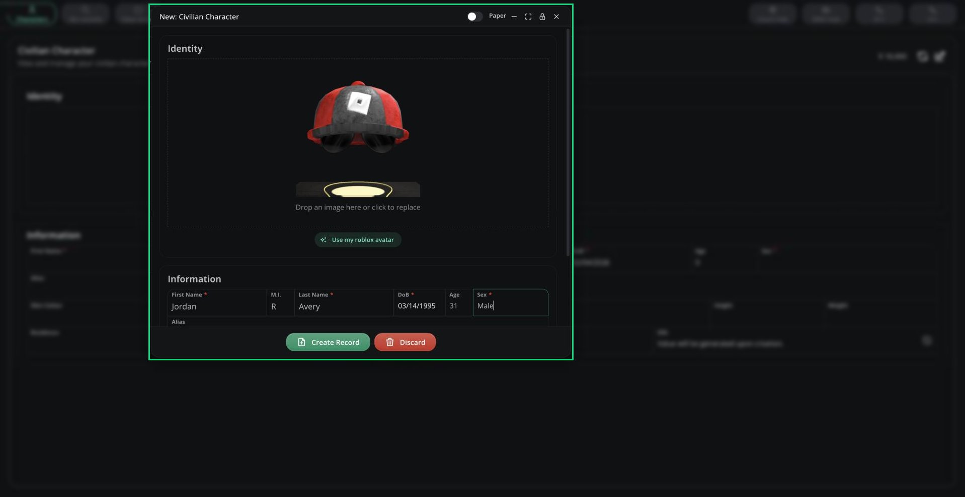 The New: Civilian Character window with a photo, Use my roblox avatar, and the name, date of birth and sex fields