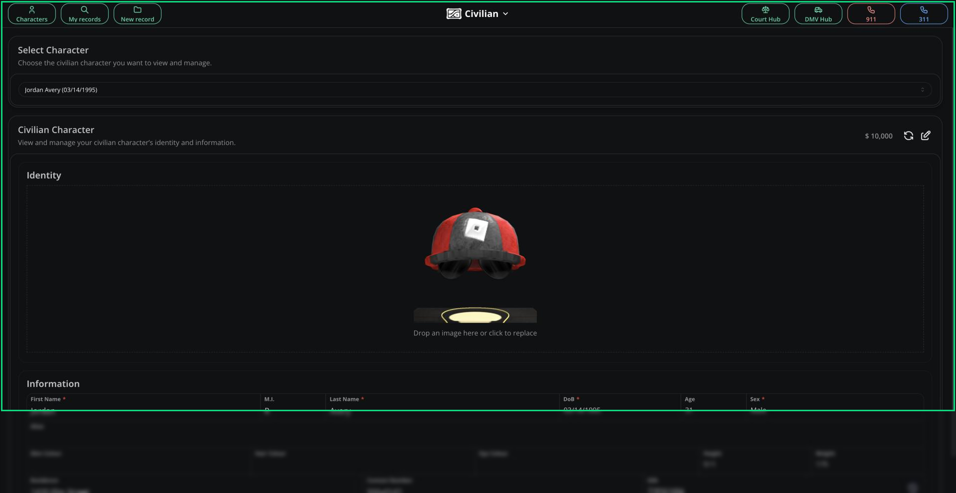 Civilian panel with a character selected, showing the top bar and the character card