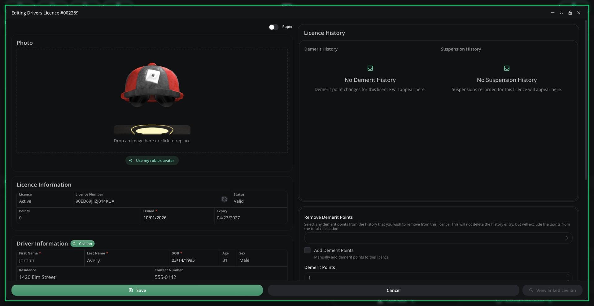 The licence editor with the licence and driver details on the left, and Licence History and Remove Demerit Points on the right