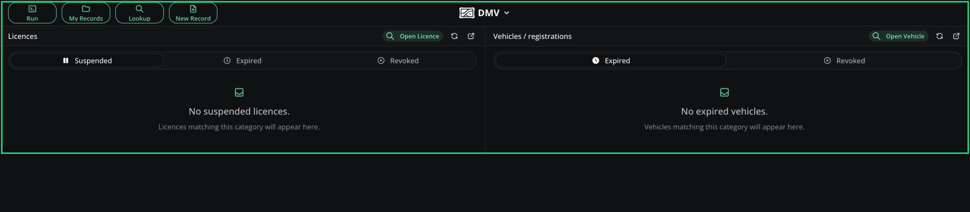 The DMV panel top bar with the Licences card (Suspended, Expired, Revoked tabs) and the Vehicles / registrations card