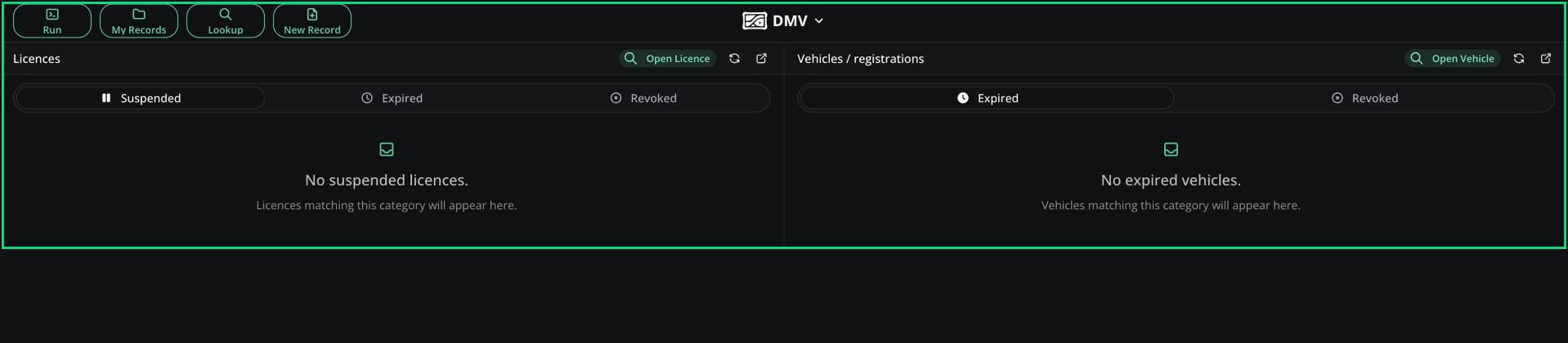 The DMV panel top bar with the Licences card (Suspended, Expired, Revoked tabs) and the Vehicles / registrations card