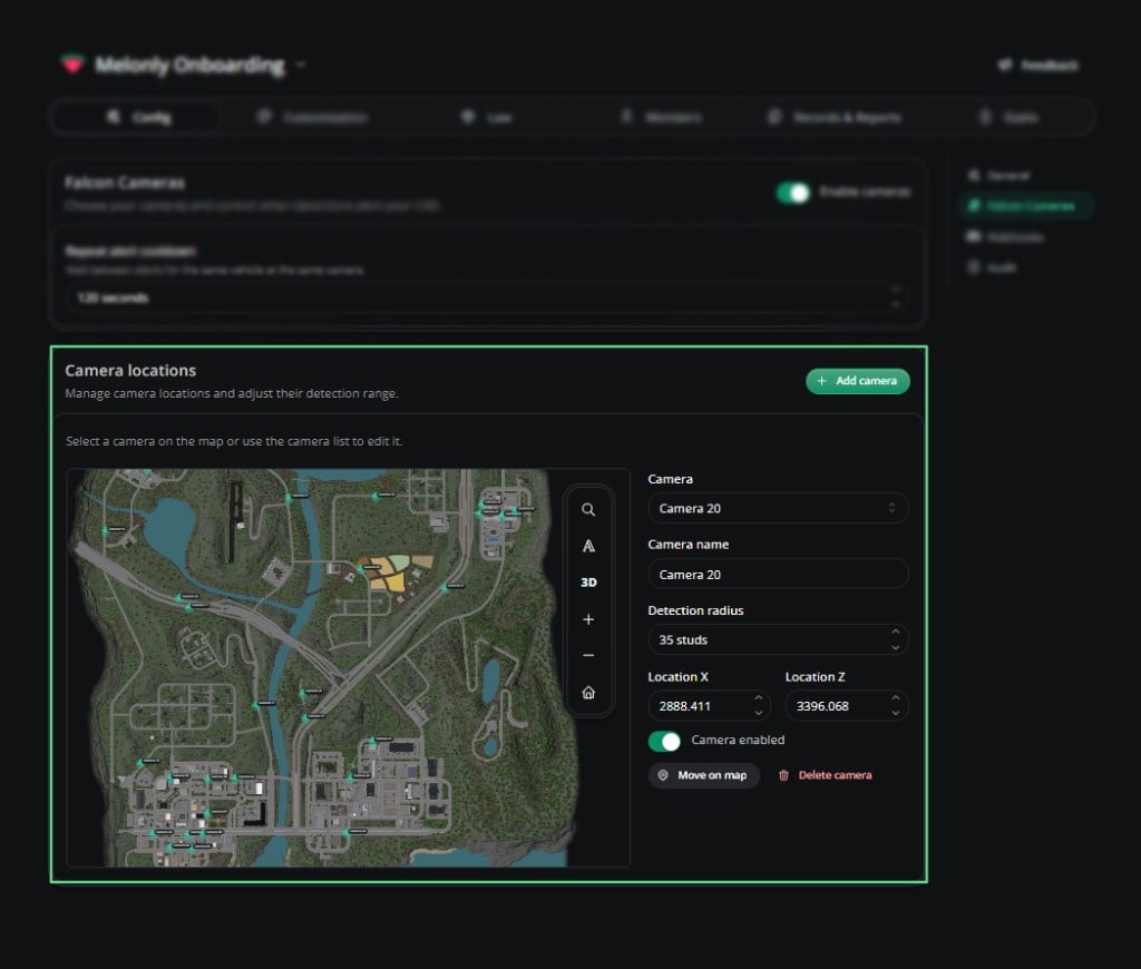 Camera locations card with the map, the Add camera button and the camera editor with Move on map and Delete camera