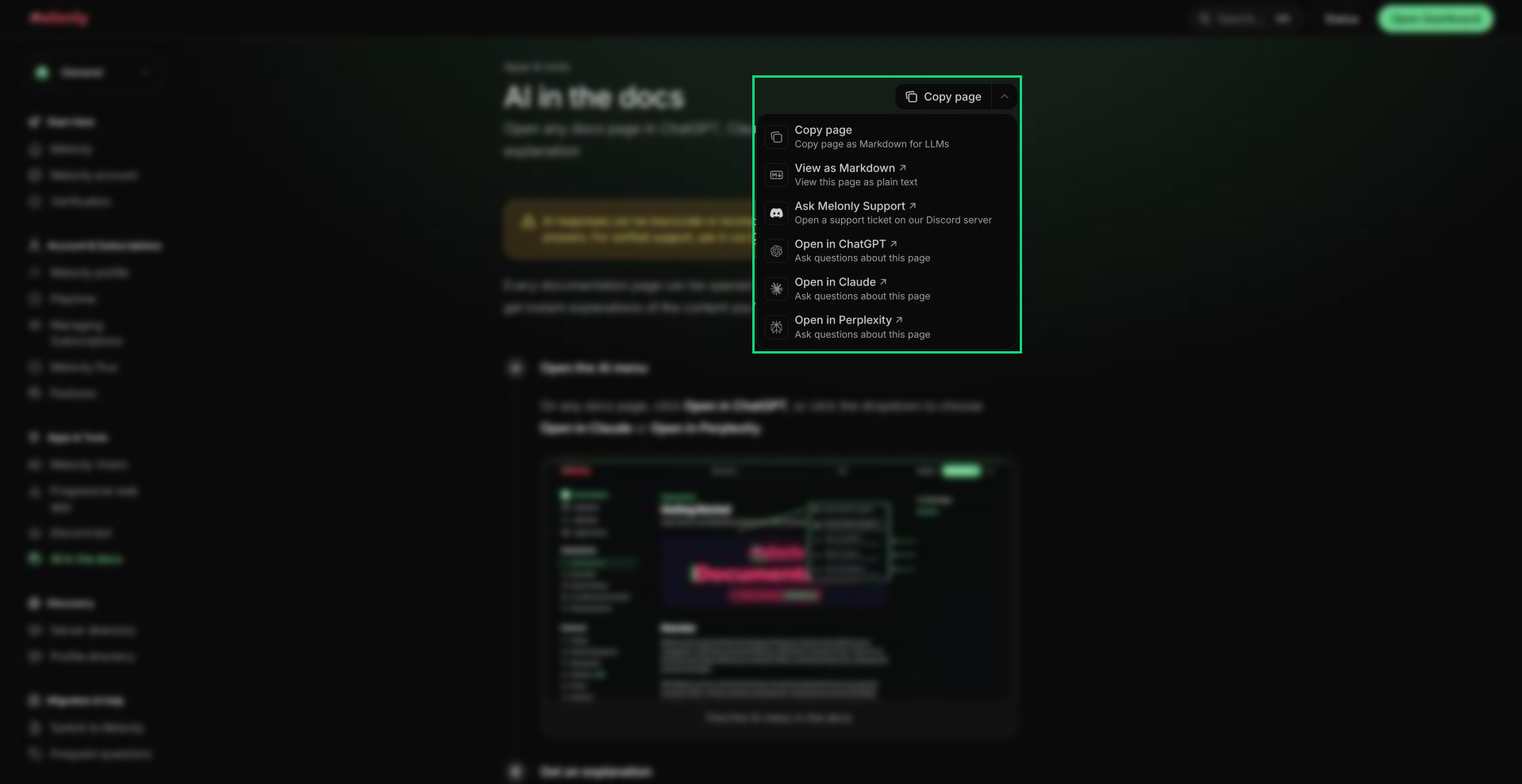 The docs page menu opened, showing Copy page, View as Markdown, Ask Melonly Support, Open in ChatGPT, Open in Claude and Open in Perplexity