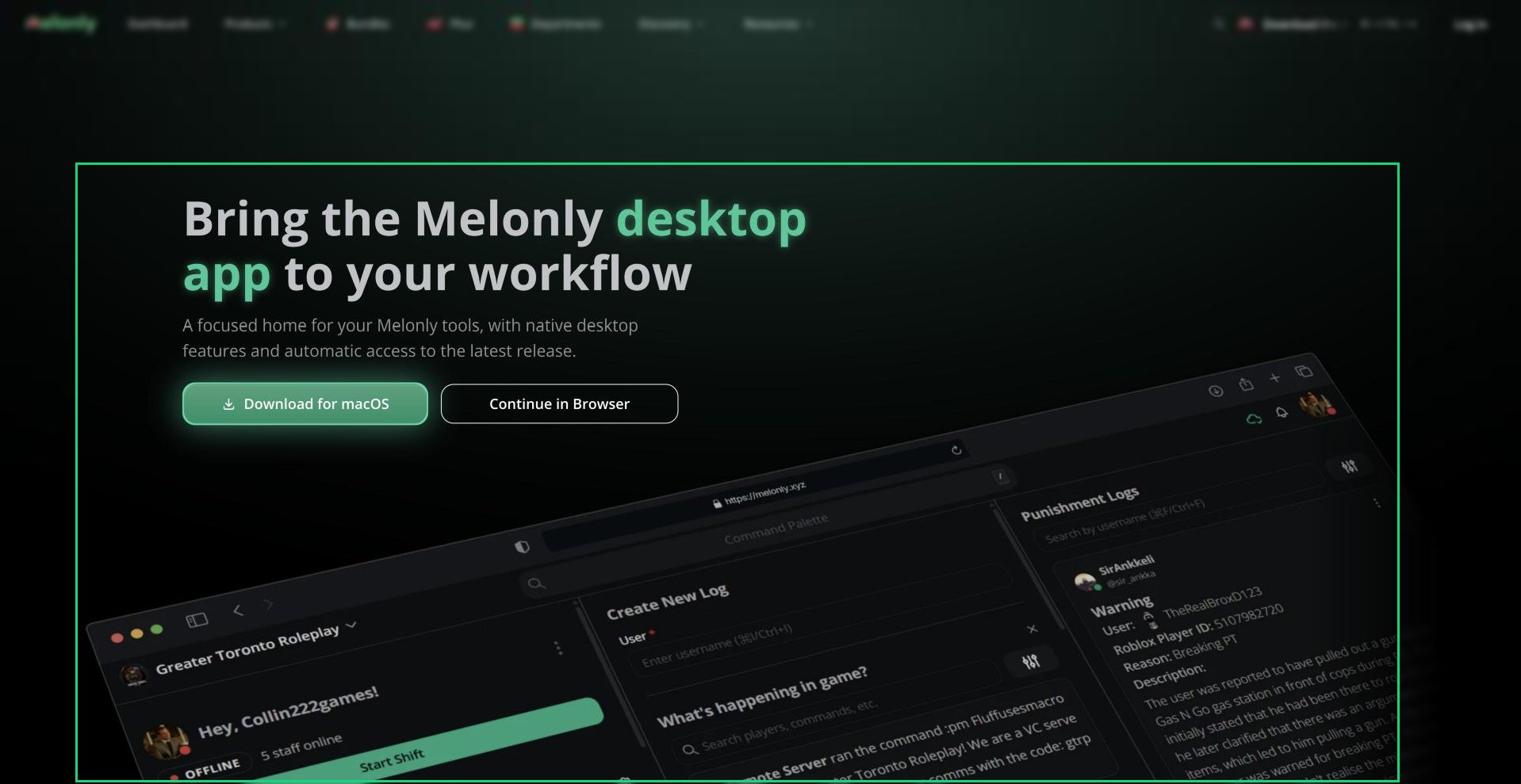 The melonly.xyz/download page with Download and Continue in Browser and a preview of the desktop app window