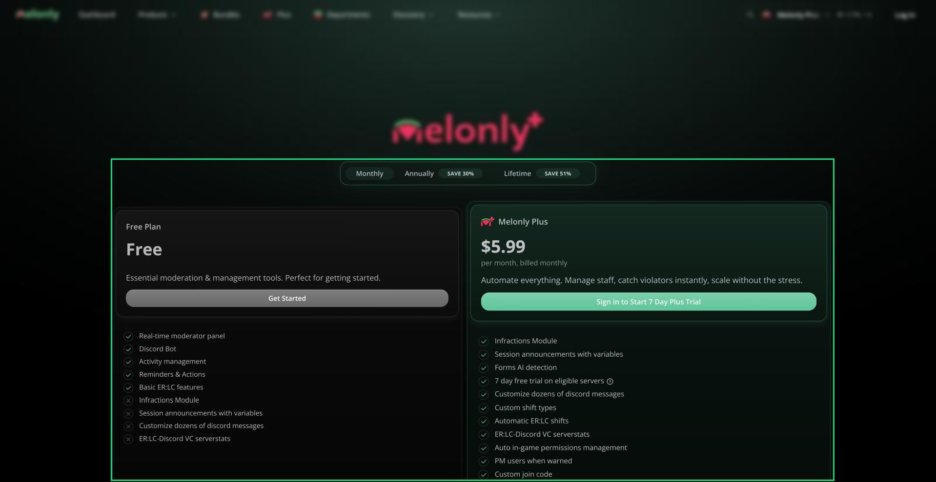 The melonly.xyz/plus pricing section with the Monthly / Annually / Lifetime switch and the Free Plan and Melonly Plus cards
