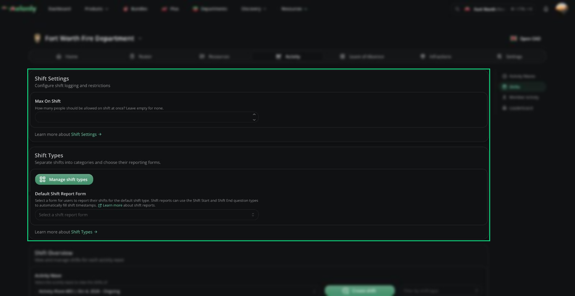 The Shifts page with Shift Settings, Shift Types and Shift Overview