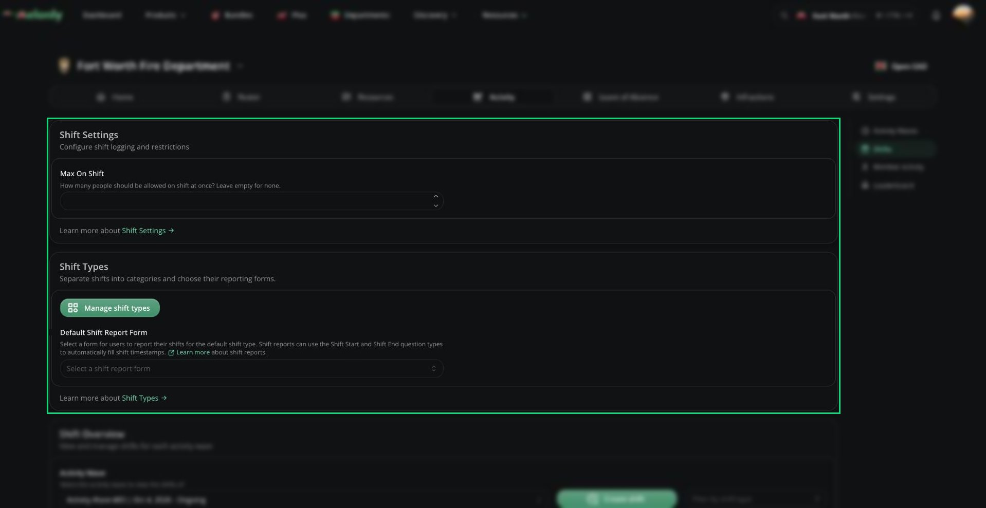 The Shifts page with Shift Settings, Shift Types and Shift Overview