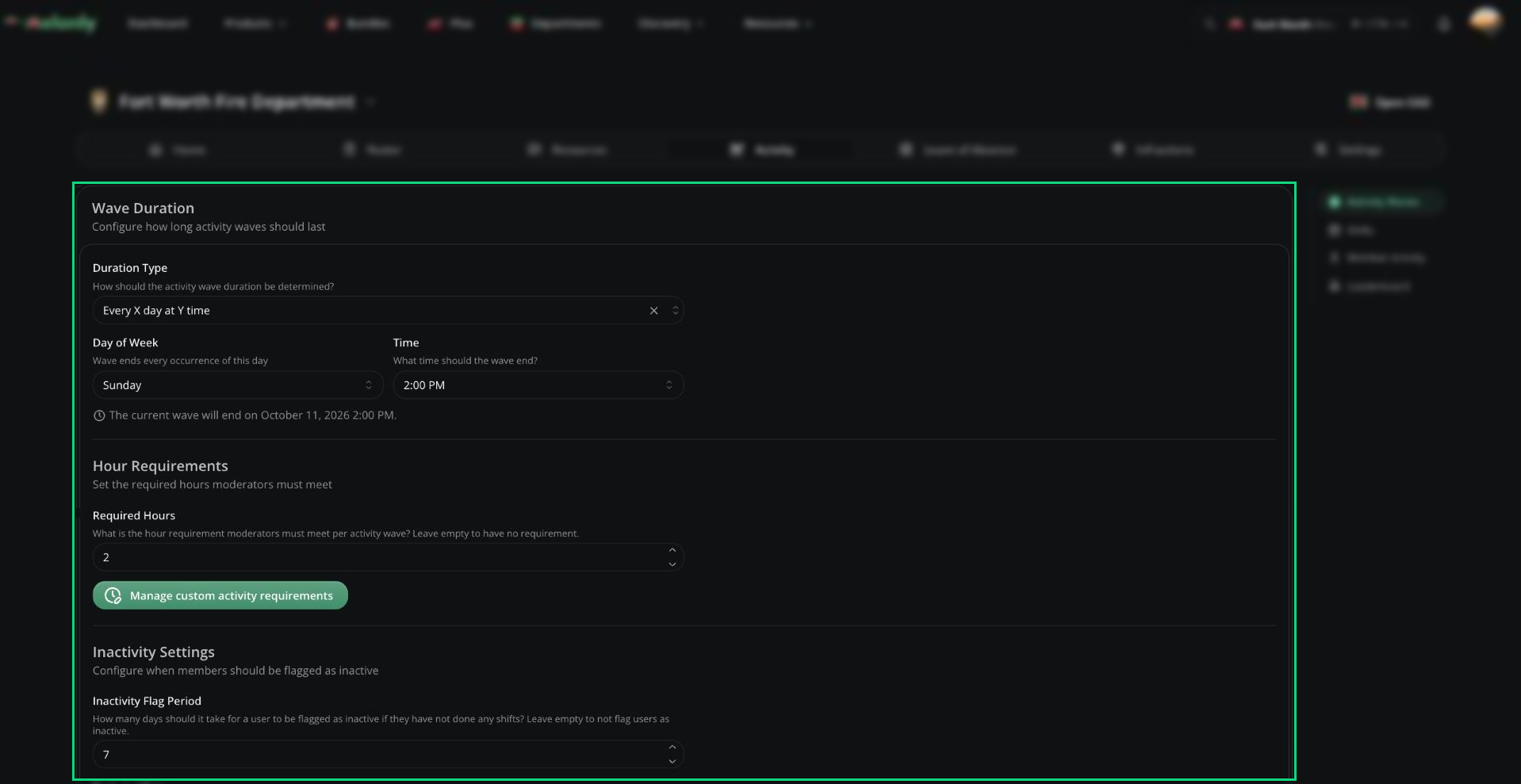 The Activity Waves page with Wave Duration, Hour Requirements, Inactivity Settings and the waves table