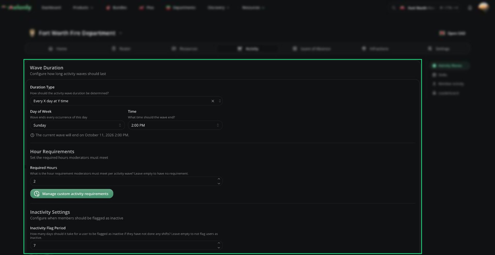 The Activity Waves page with Wave Duration, Hour Requirements, Inactivity Settings and the waves table