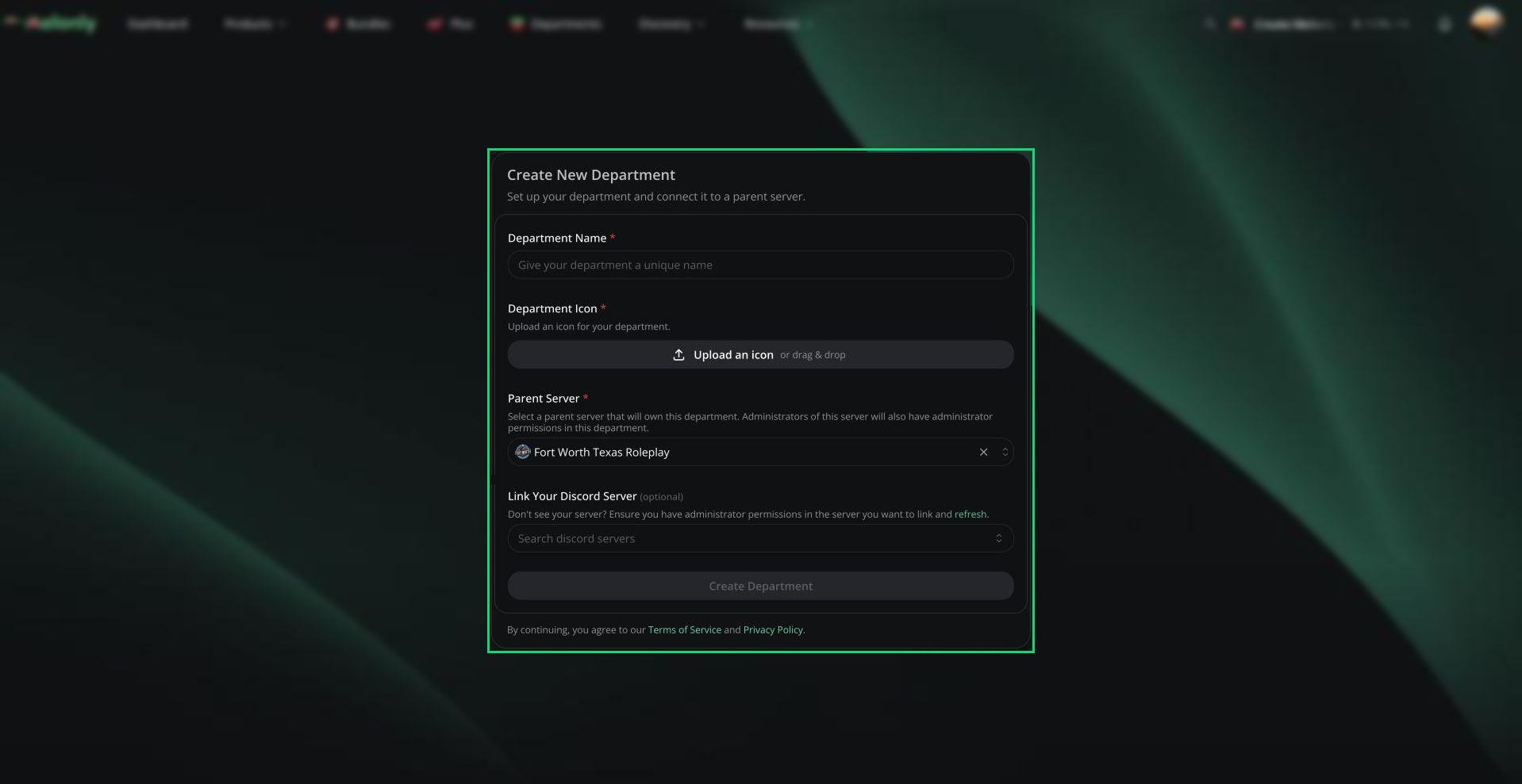 The Create New Department form with Department Name, Department Icon, Parent Server and Link Your Discord Server fields