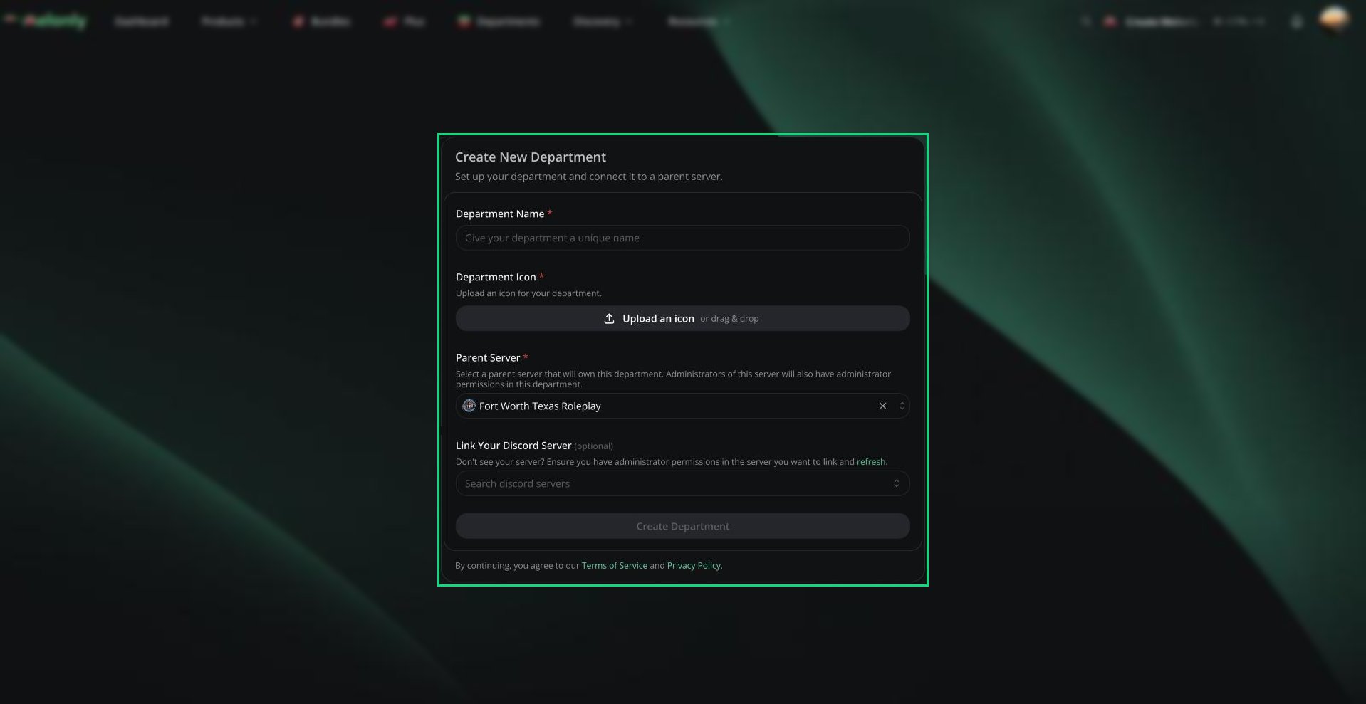 The Create New Department form with Department Name, Department Icon, Parent Server and Link Your Discord Server fields
