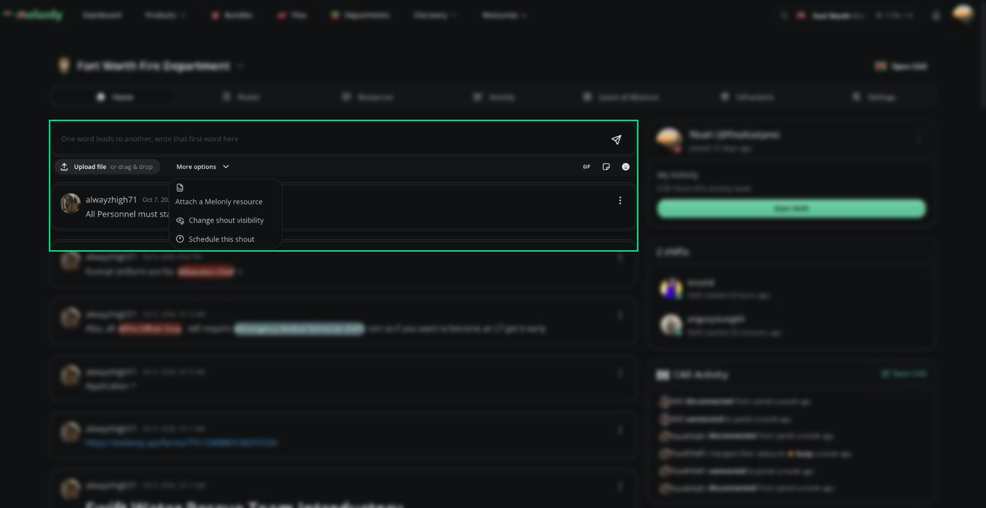 Composer More options menu with Attach a Melonly resource, Change shout visibility, and Schedule this shout