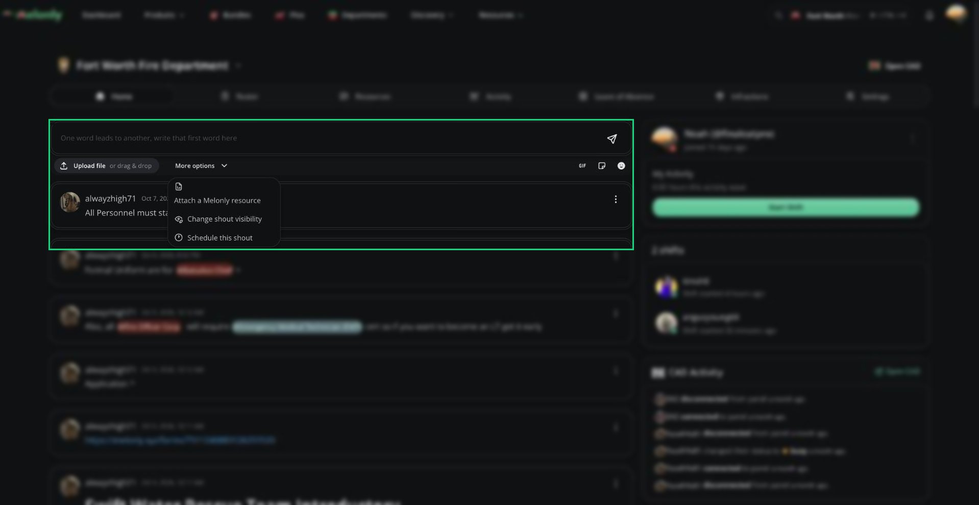 Composer More options menu with Attach a Melonly resource, Change shout visibility, and Schedule this shout