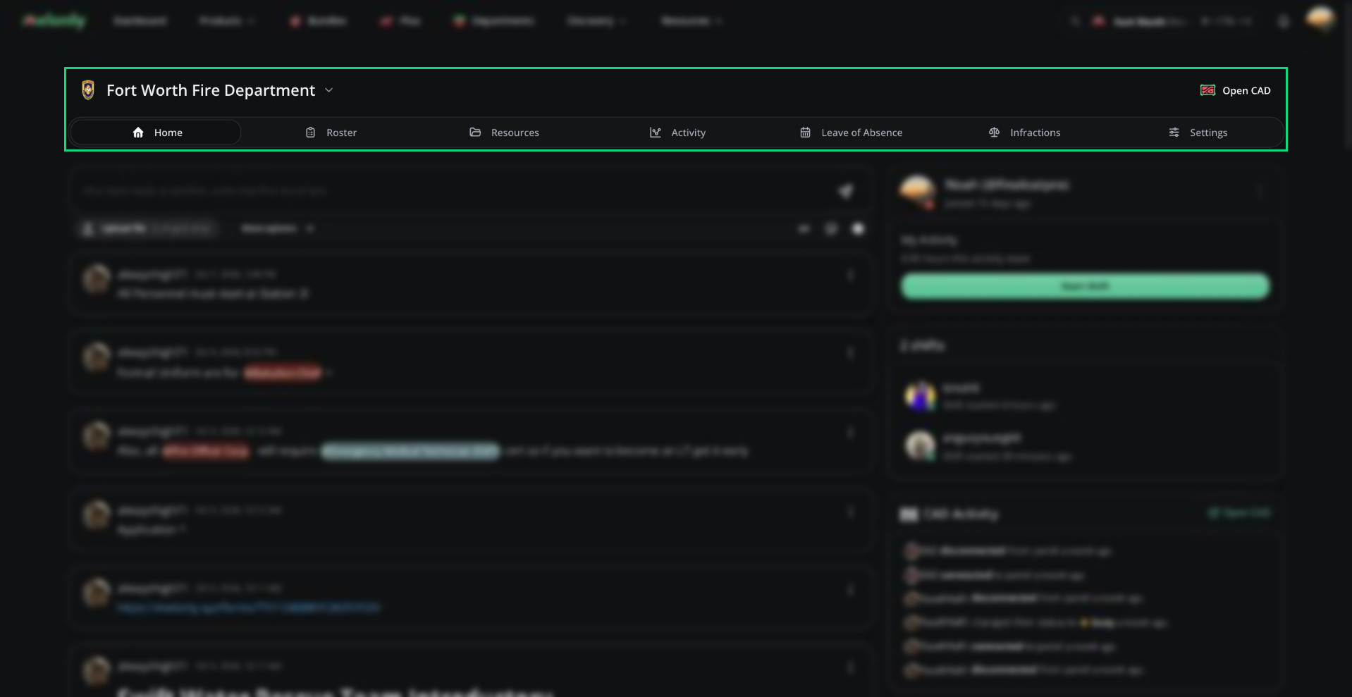 Department header with the department switcher, Open CAD button and the department tabs