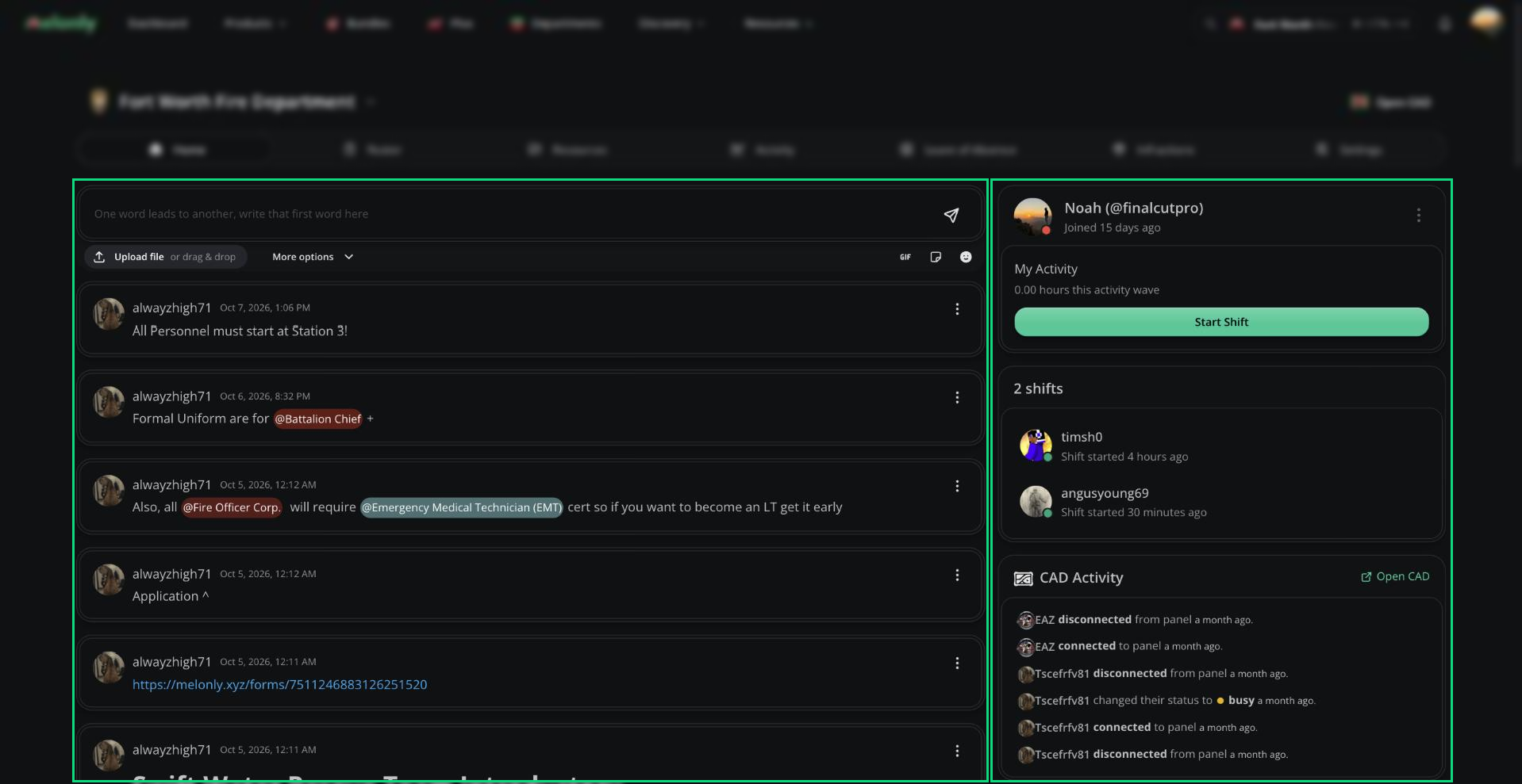 Department Home page with the shouts column on the left and the profile, shifts and CAD Activity cards on the right