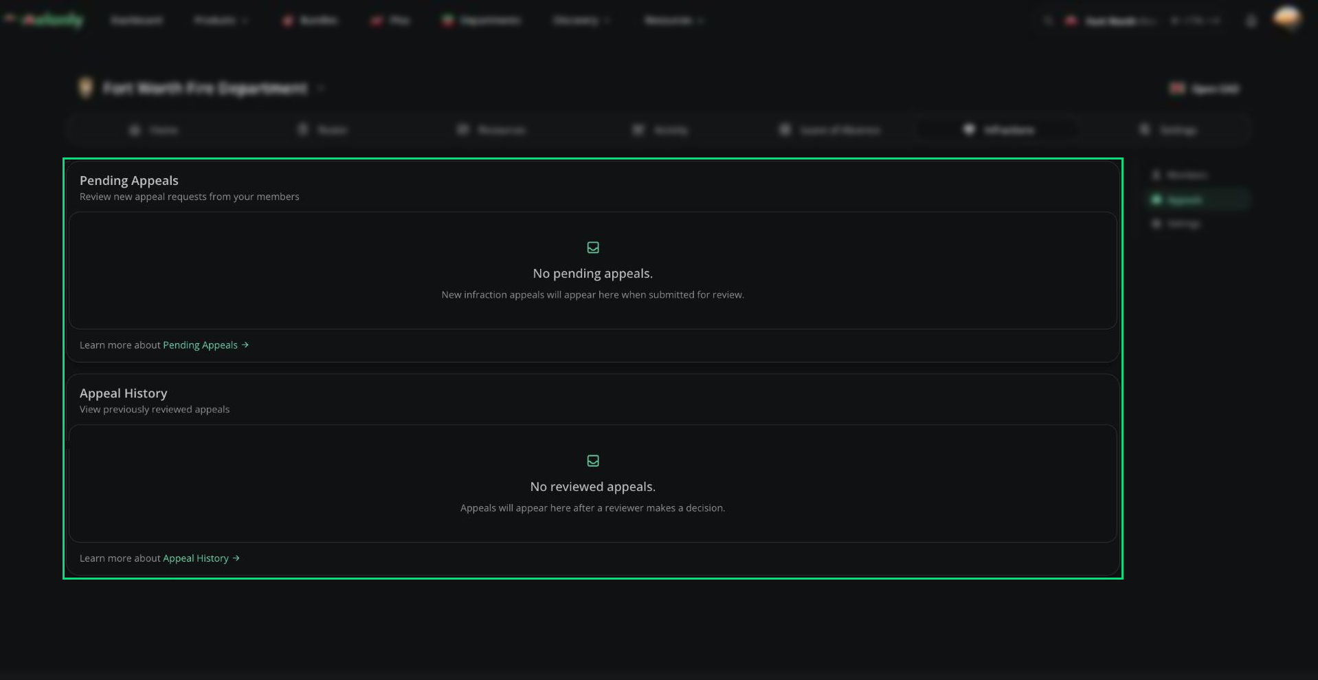 The Appeals page with Pending Appeals and Appeal History