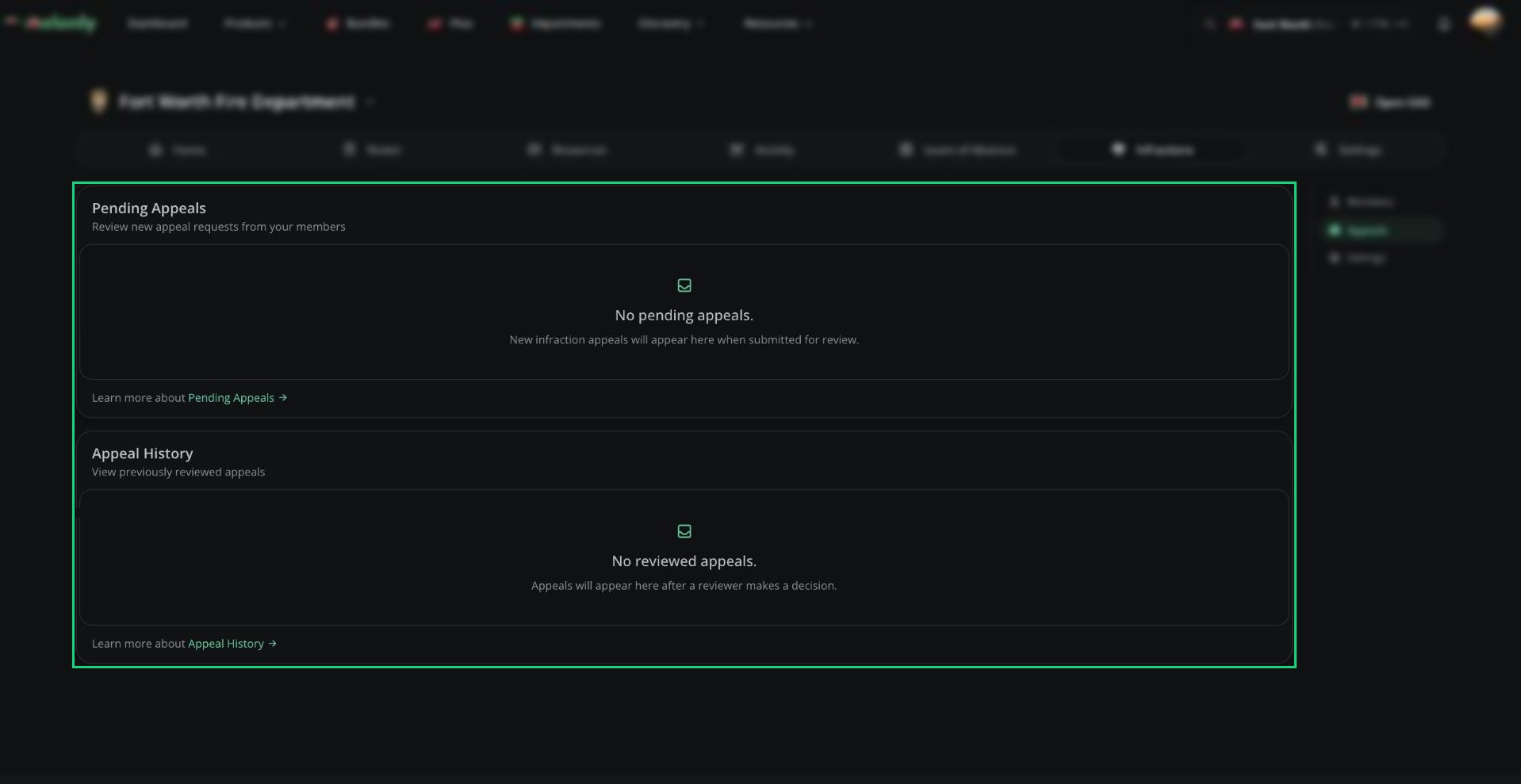 The Appeals page with Pending Appeals and Appeal History