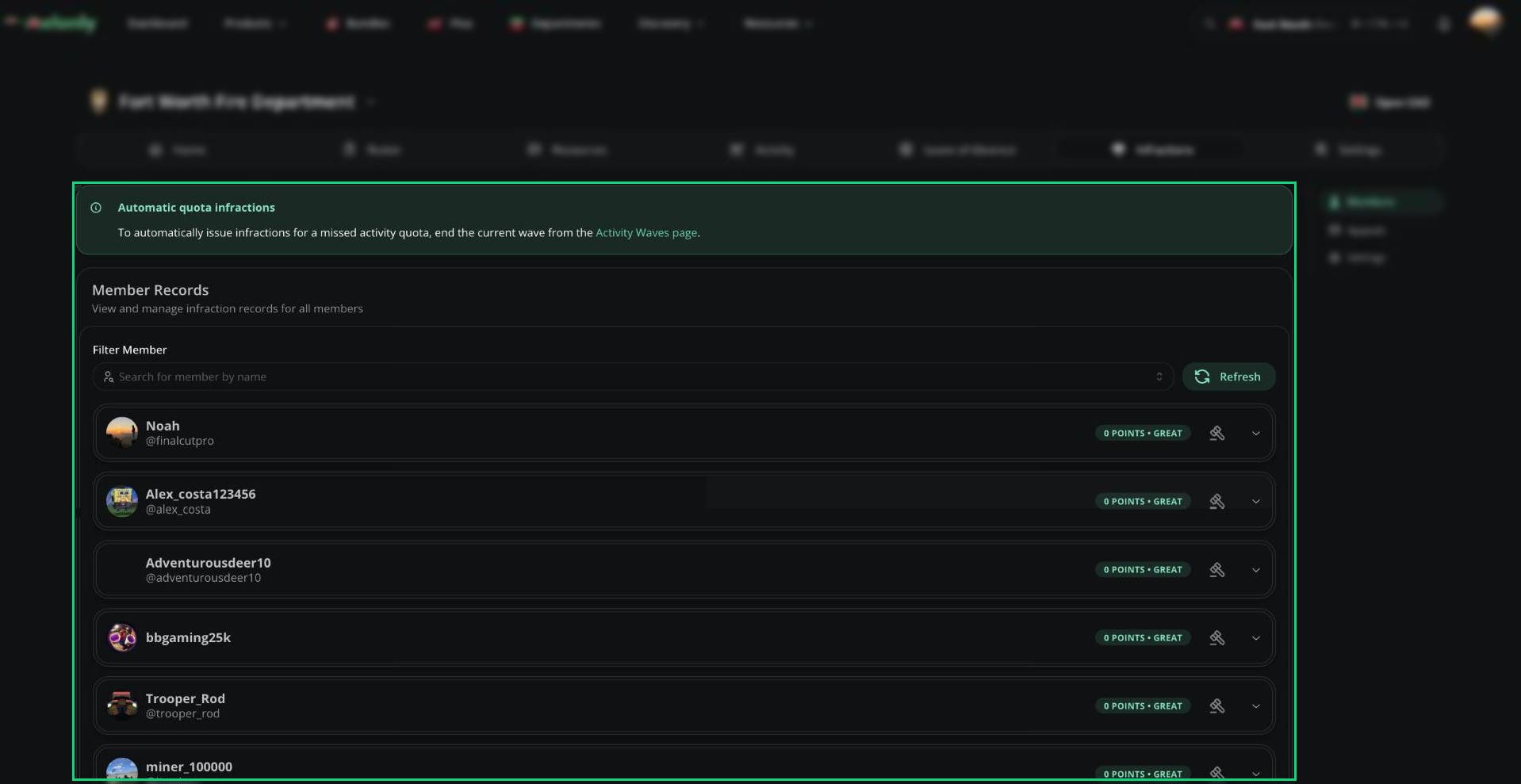 The Member Records card with the Filter Member search, Refresh button, and a member's record expanded