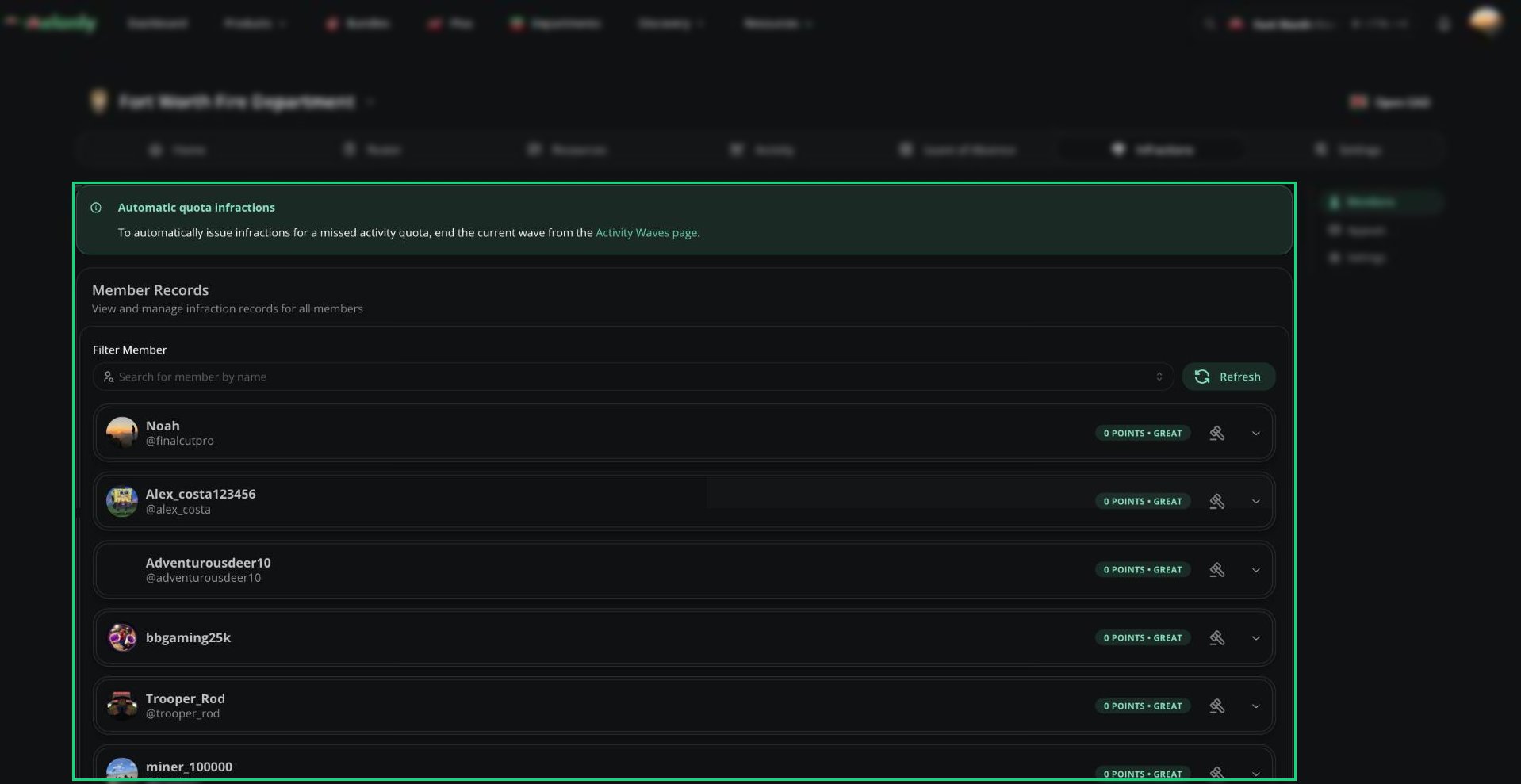 The Member Records card with the Filter Member search, Refresh button, and a member's record expanded