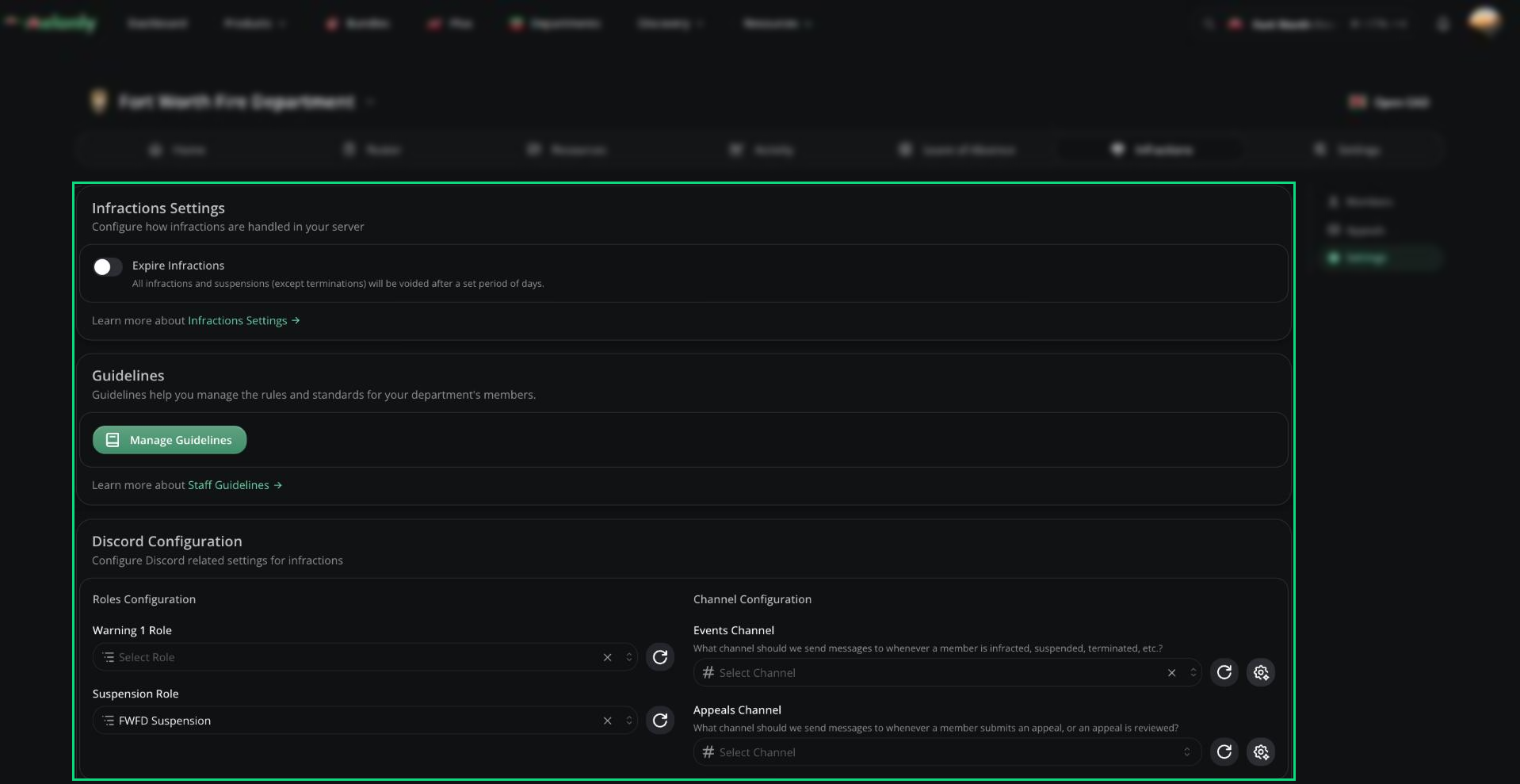The Infractions Settings page showing the Infractions Settings, Guidelines, and Discord Configuration cards