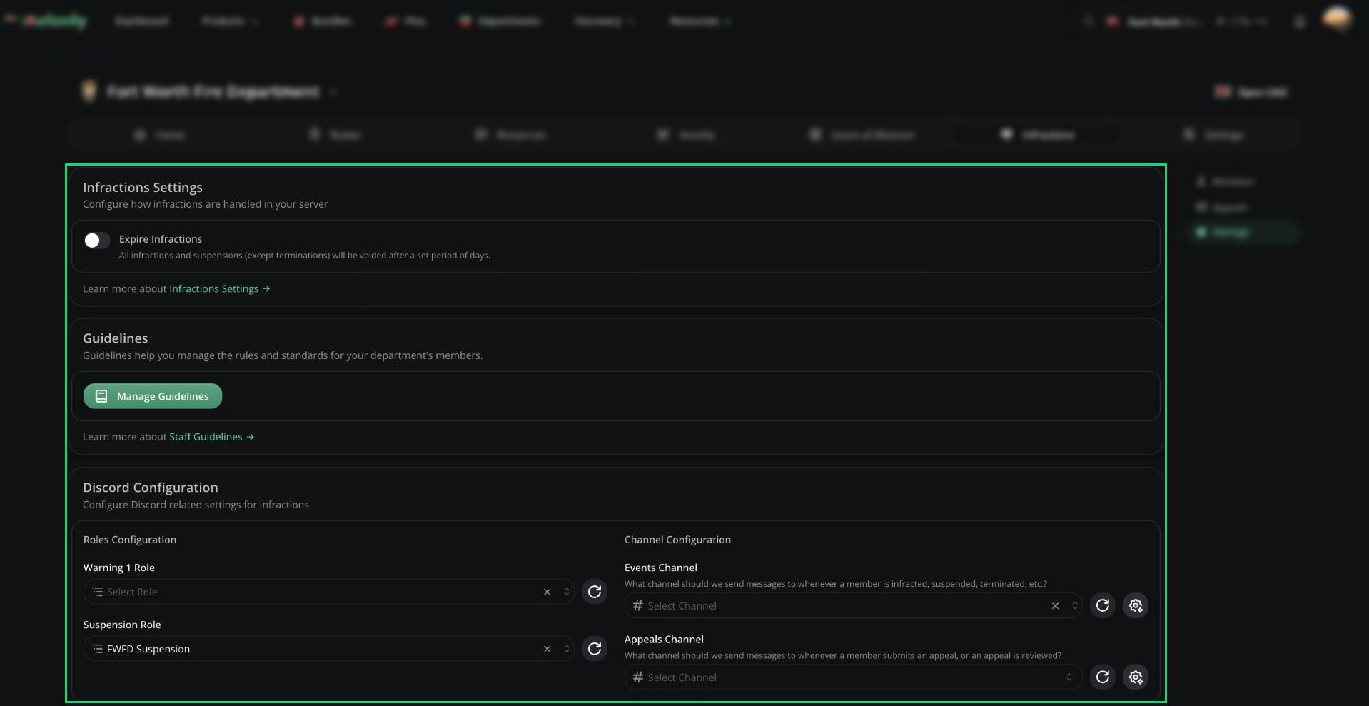 The Infractions Settings page showing the Infractions Settings, Guidelines, and Discord Configuration cards