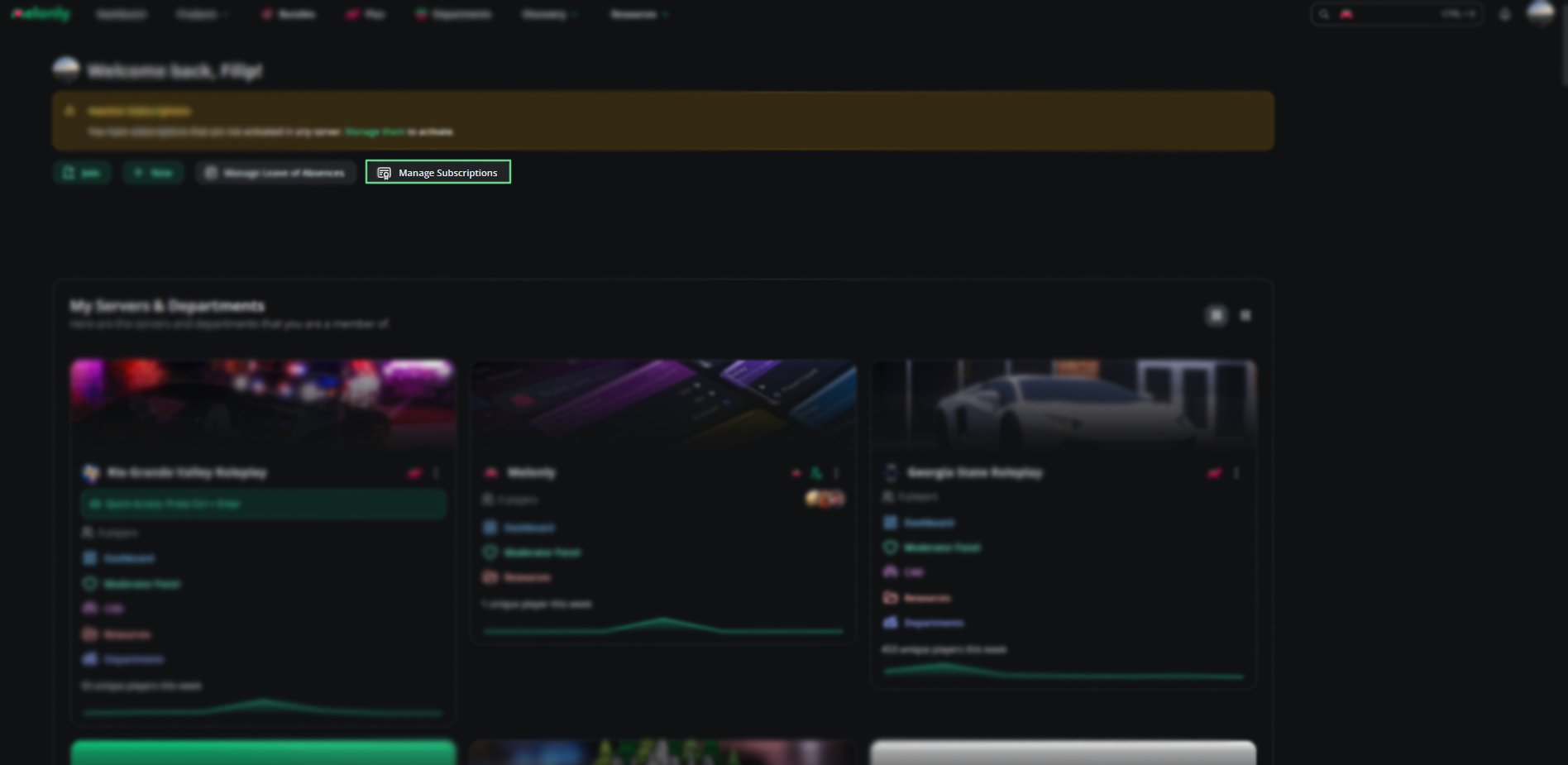 The dashboard with the Manage subscriptions button highlighted