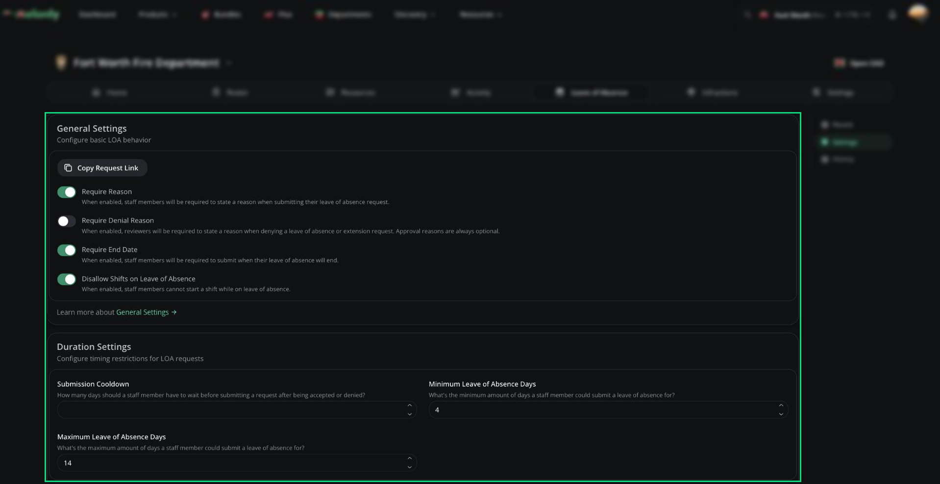 LOA Settings with General Settings, Duration Settings and Message Customization
