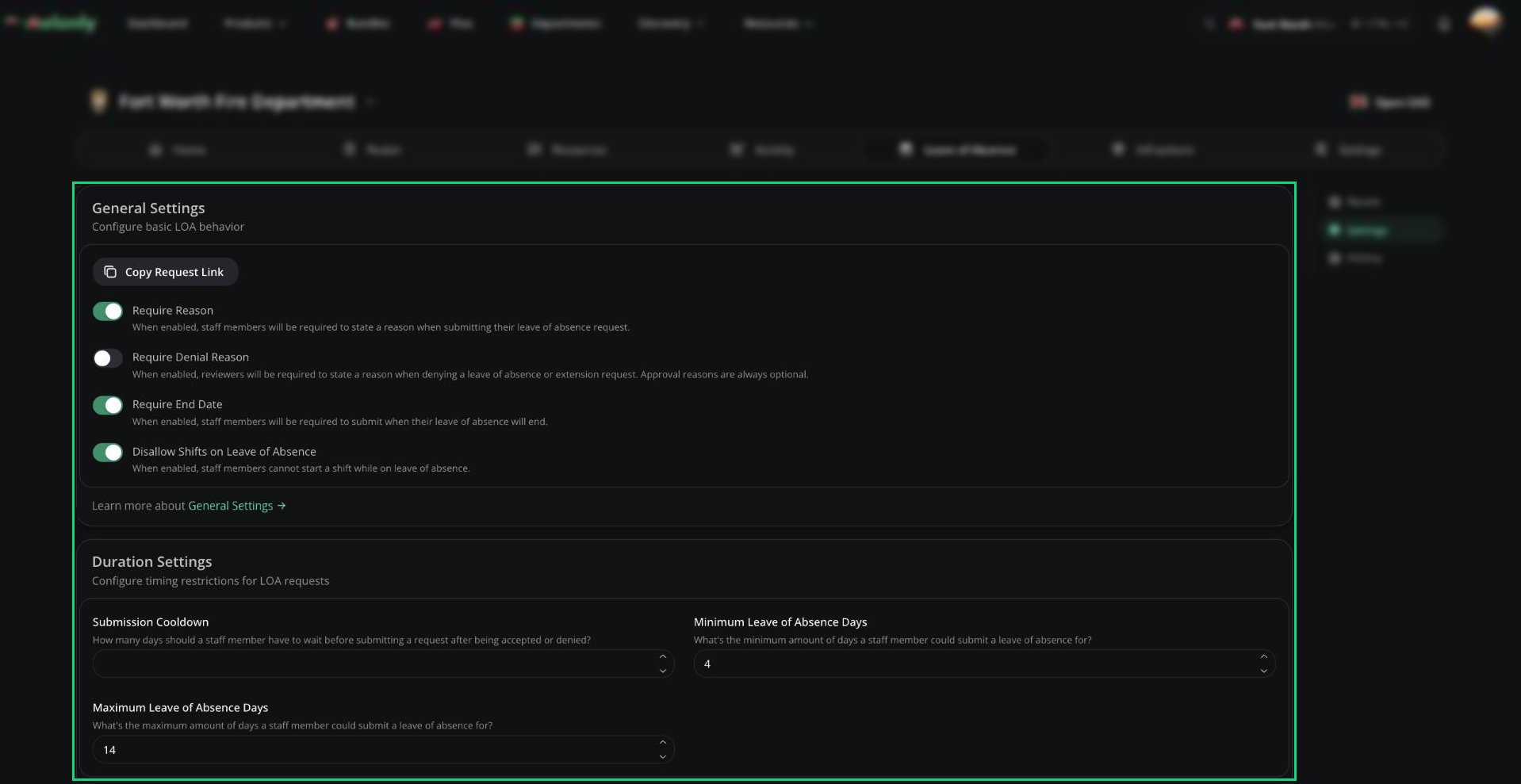 LOA Settings with General Settings, Duration Settings and Message Customization