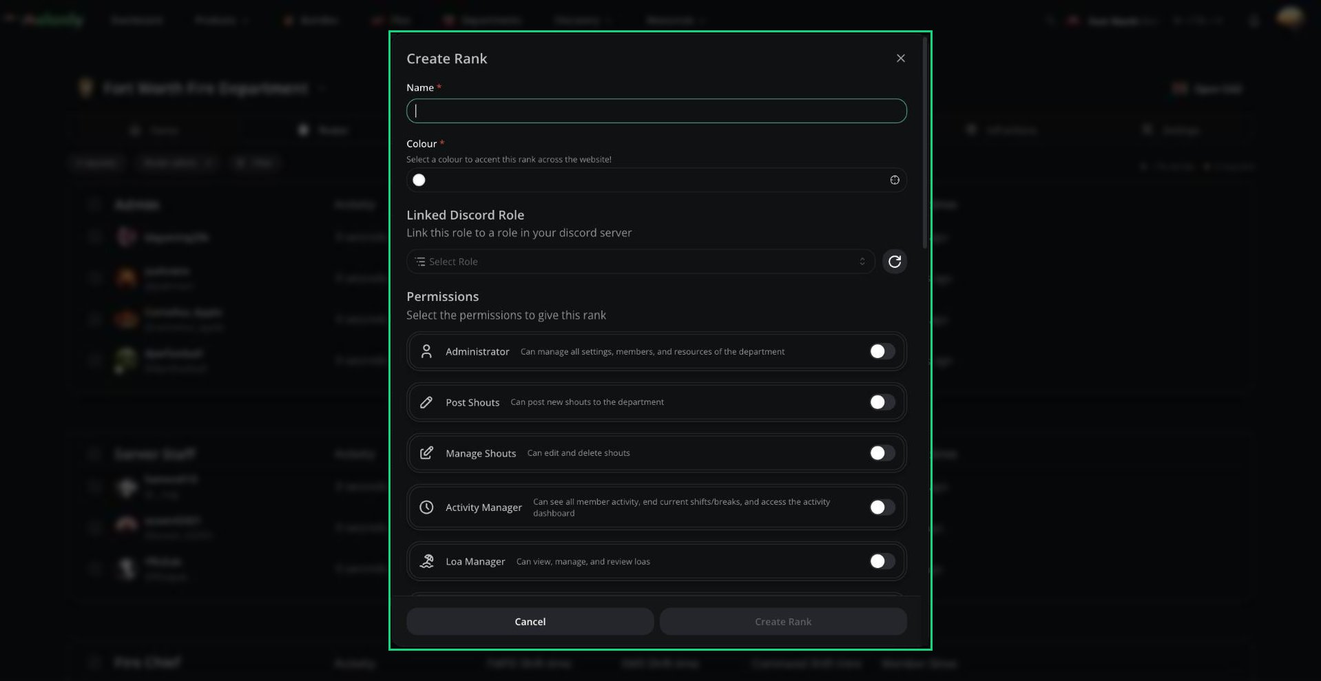 Create Rank window with Name, Colour, Linked Discord Role, and Permissions