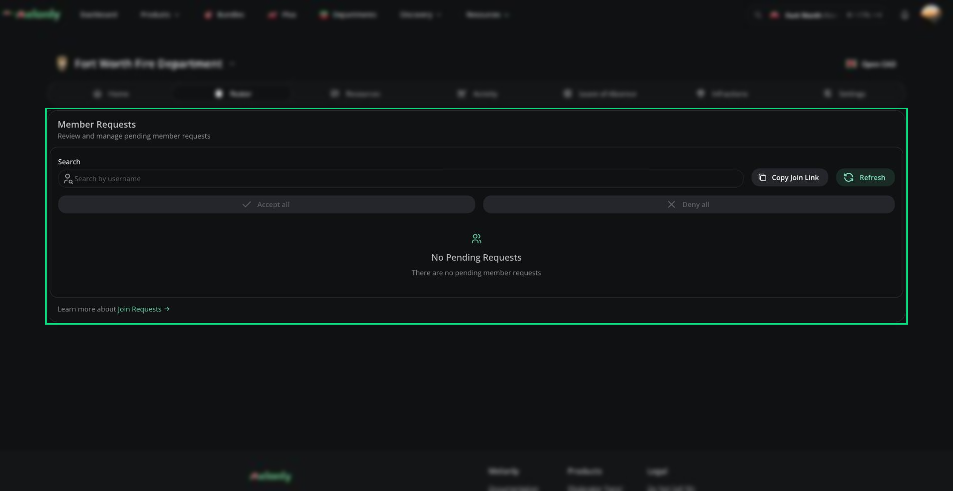 The Member Requests page with pending requests, their Accept and Deny buttons, plus Accept all and Deny all