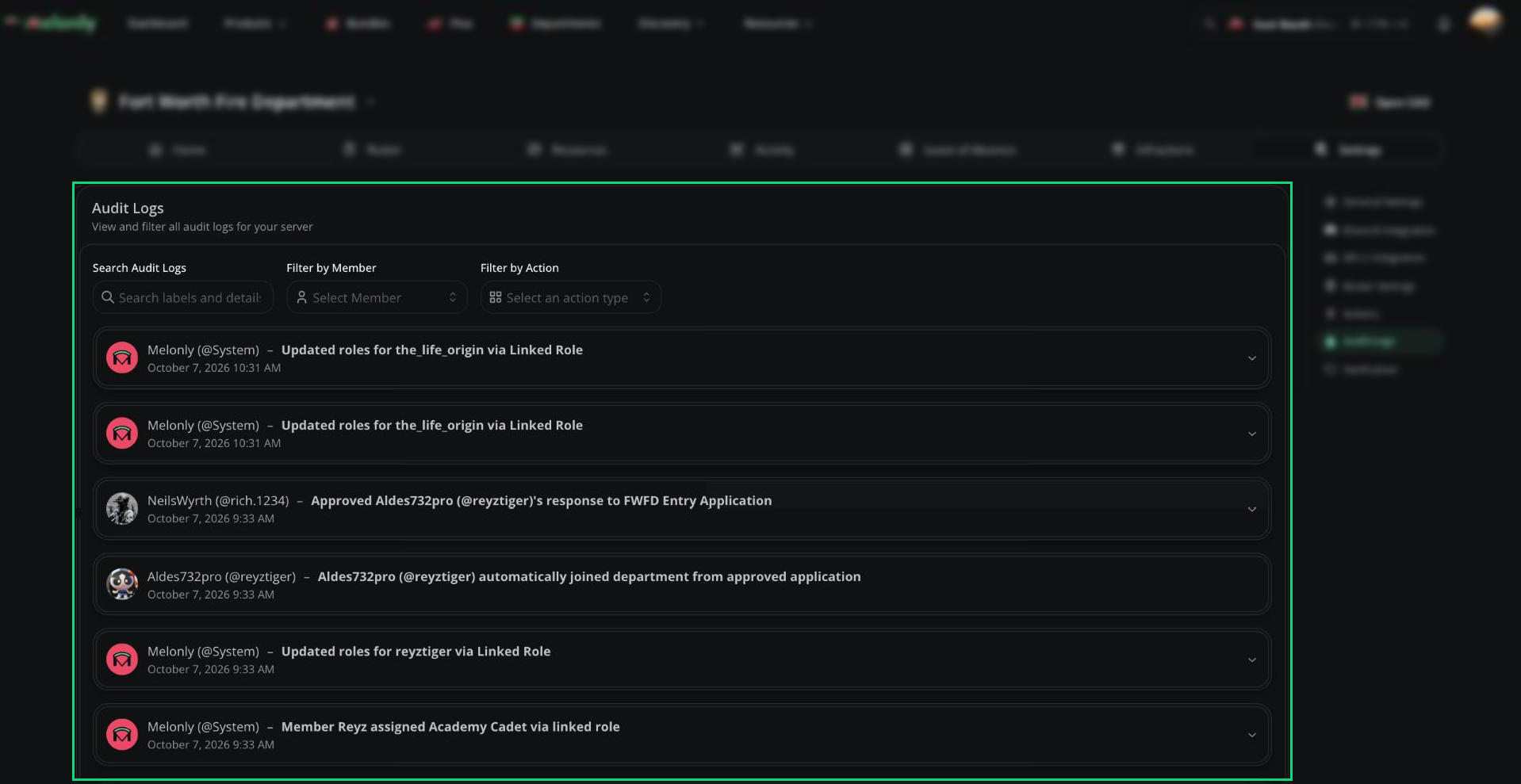Audit Logs card with a list of entries, a search box and member and action filters