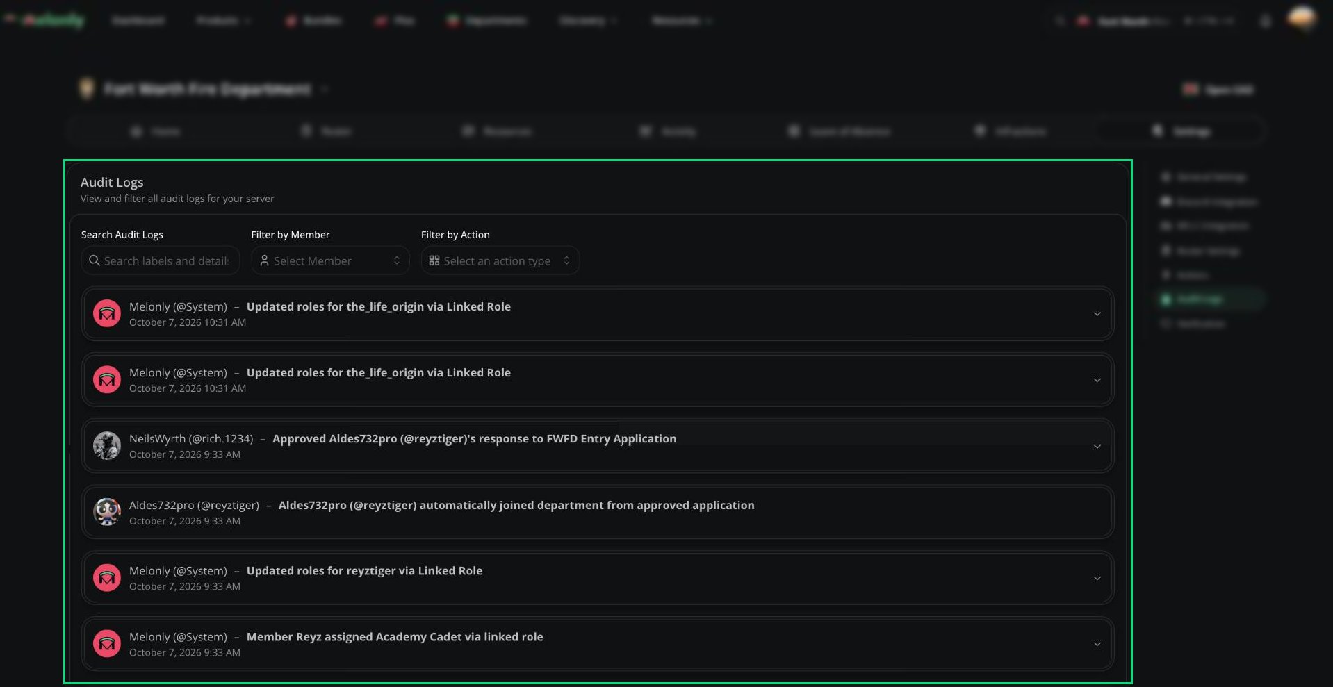 Audit Logs card with a list of entries, a search box and member and action filters
