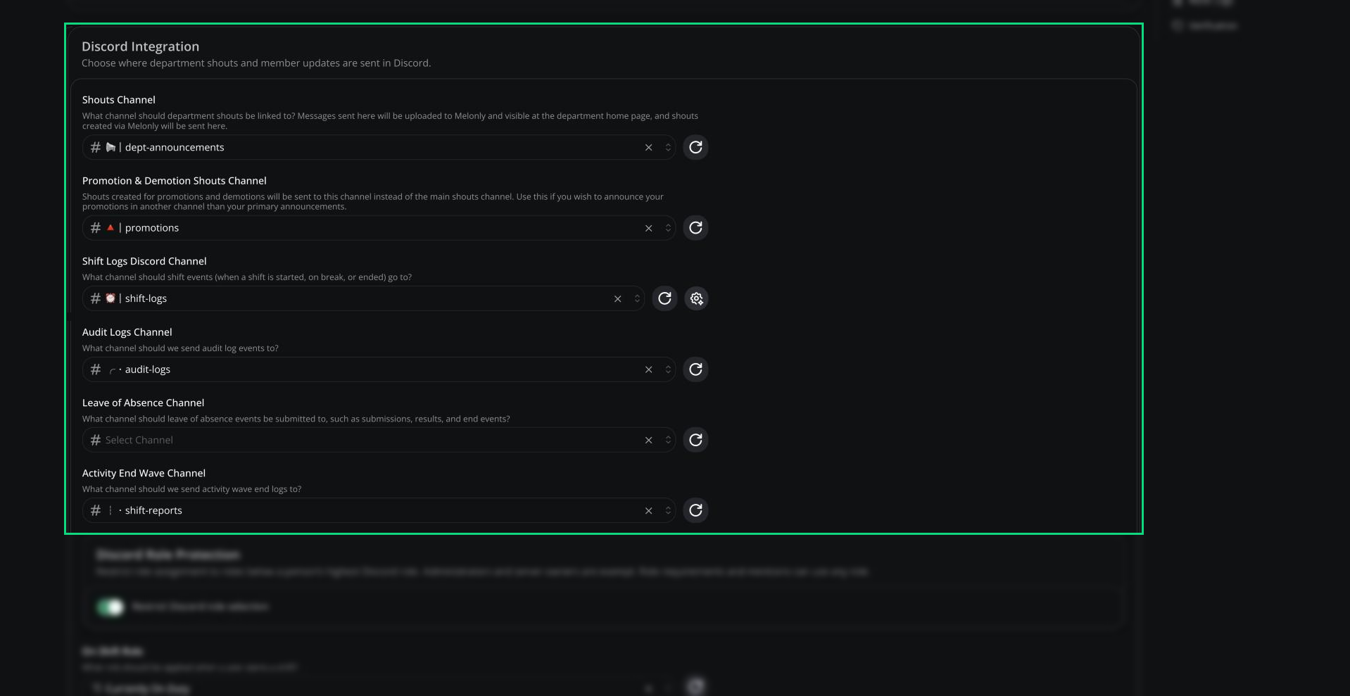 Channels section of the Discord Integration card
