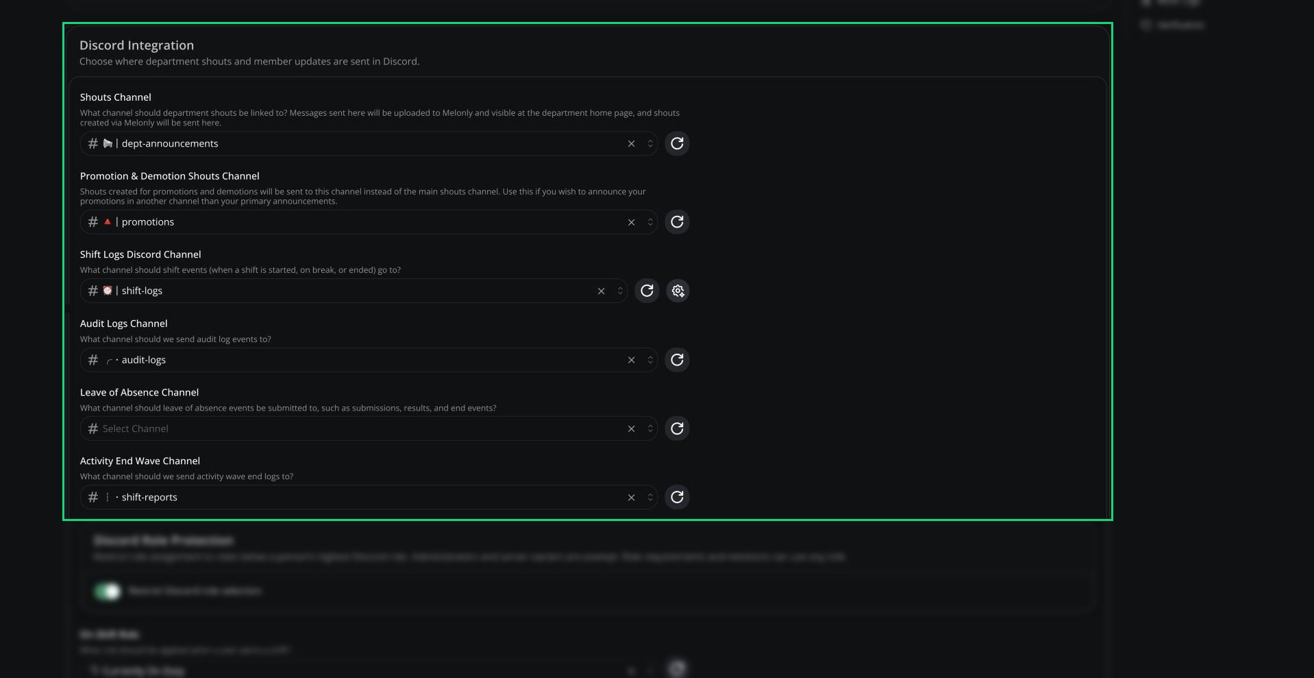 Channels section of the Discord Integration card
