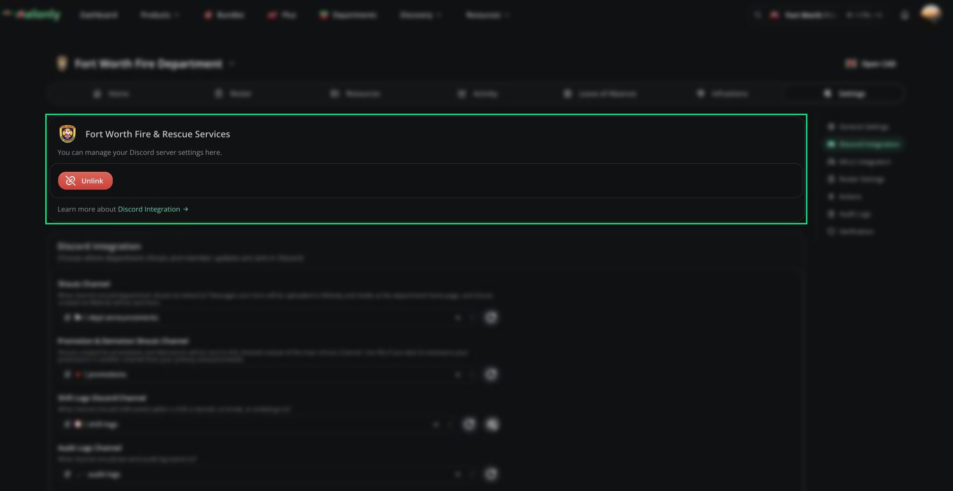 Linked Discord server card showing the server name and the Unlink button