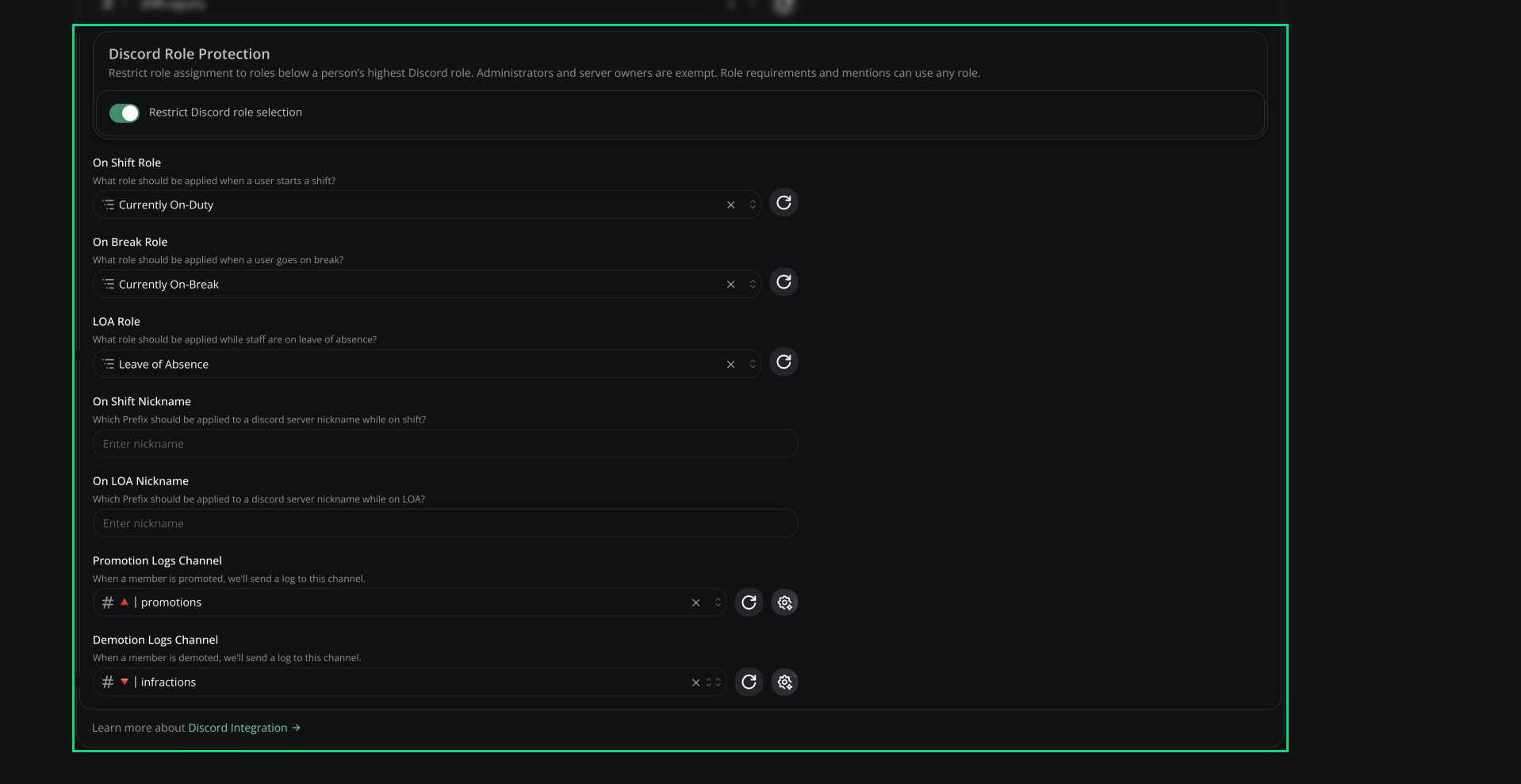 Discord Role Protection switch with the On Shift, On Break and LOA roles, nickname prefixes, and promotion logs settings