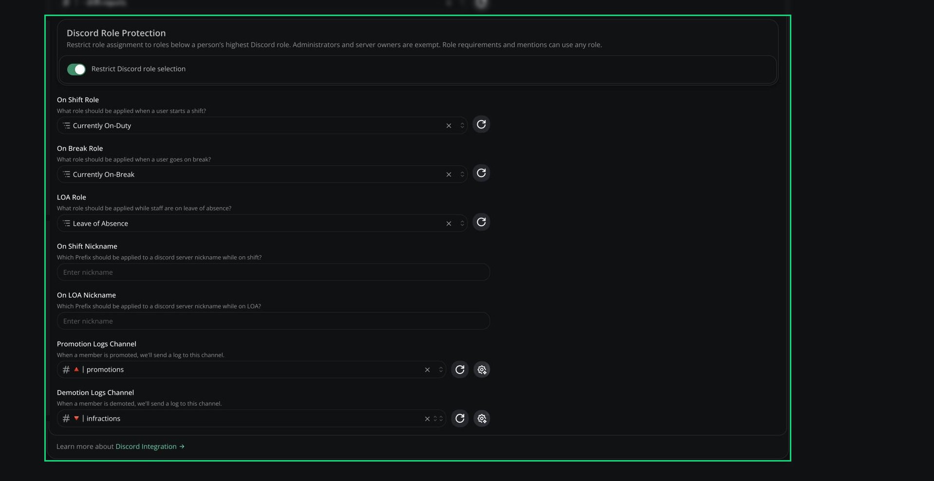 Discord Role Protection switch with the On Shift, On Break and LOA roles, nickname prefixes, and promotion logs settings