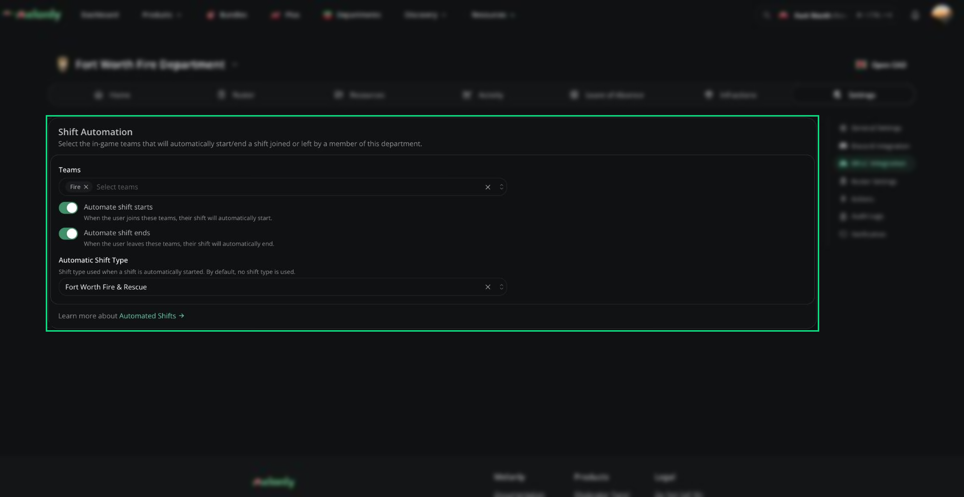 Shift Automation card with teams selected, both automation switches on, and the Automatic Shift Type picker
