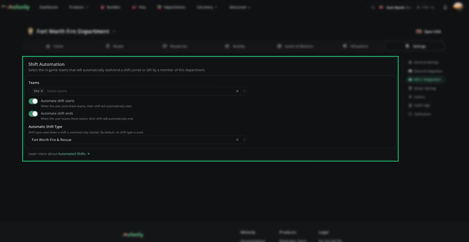 Shift Automation card with teams selected, both automation switches on, and the Automatic Shift Type picker