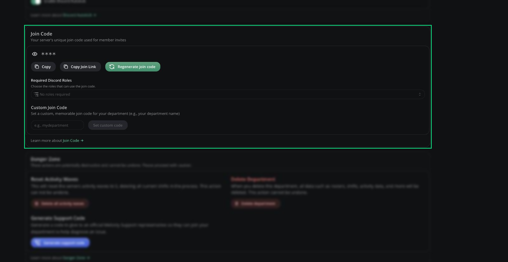 Join Code card showing the hidden code, copy and regenerate buttons, Required Discord Roles, and Custom Join Code