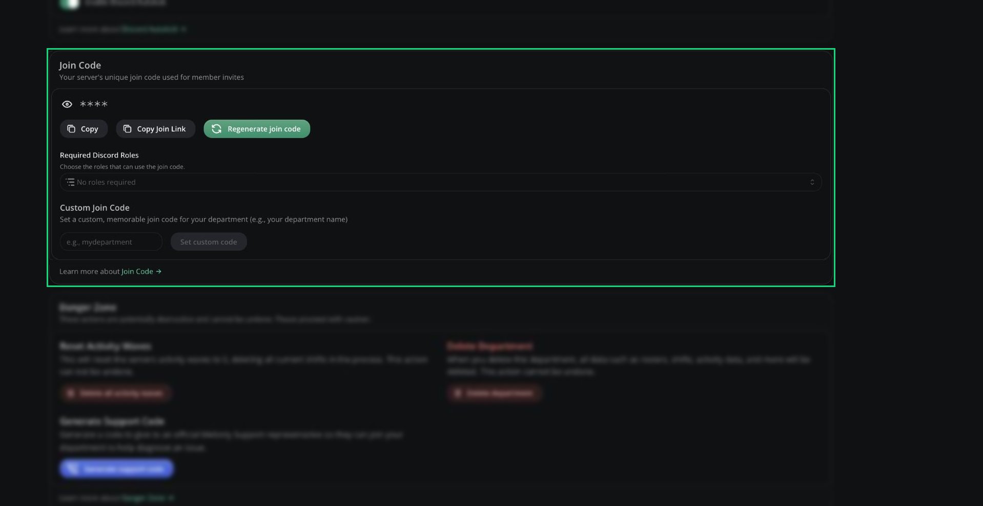Join Code card showing the hidden code, copy and regenerate buttons, Required Discord Roles, and Custom Join Code